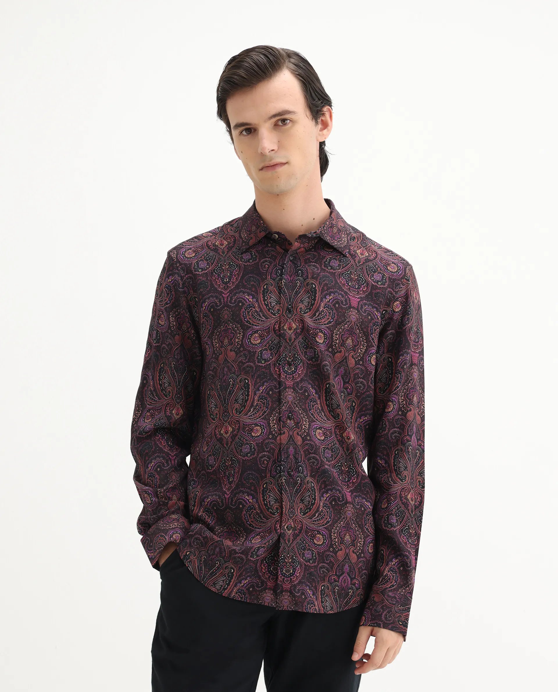 Rare Rabbit Men's Rust Dusky Purple Viscose Paisley Print Regular Fit Full Sleeve Collared Shirt