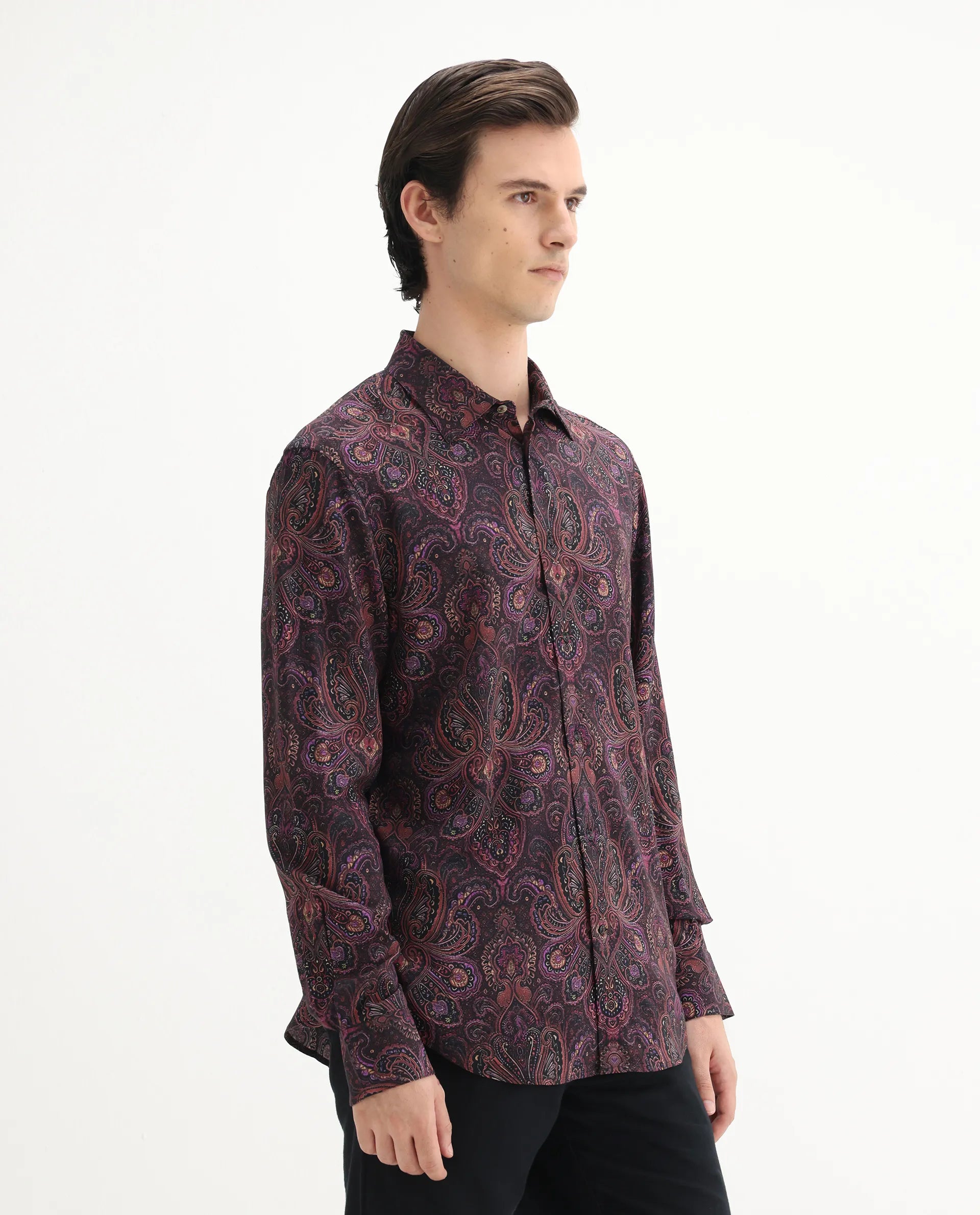 Rare Rabbit Men's Rust Dusky Purple Viscose Paisley Print Regular Fit Full Sleeve Collared Shirt