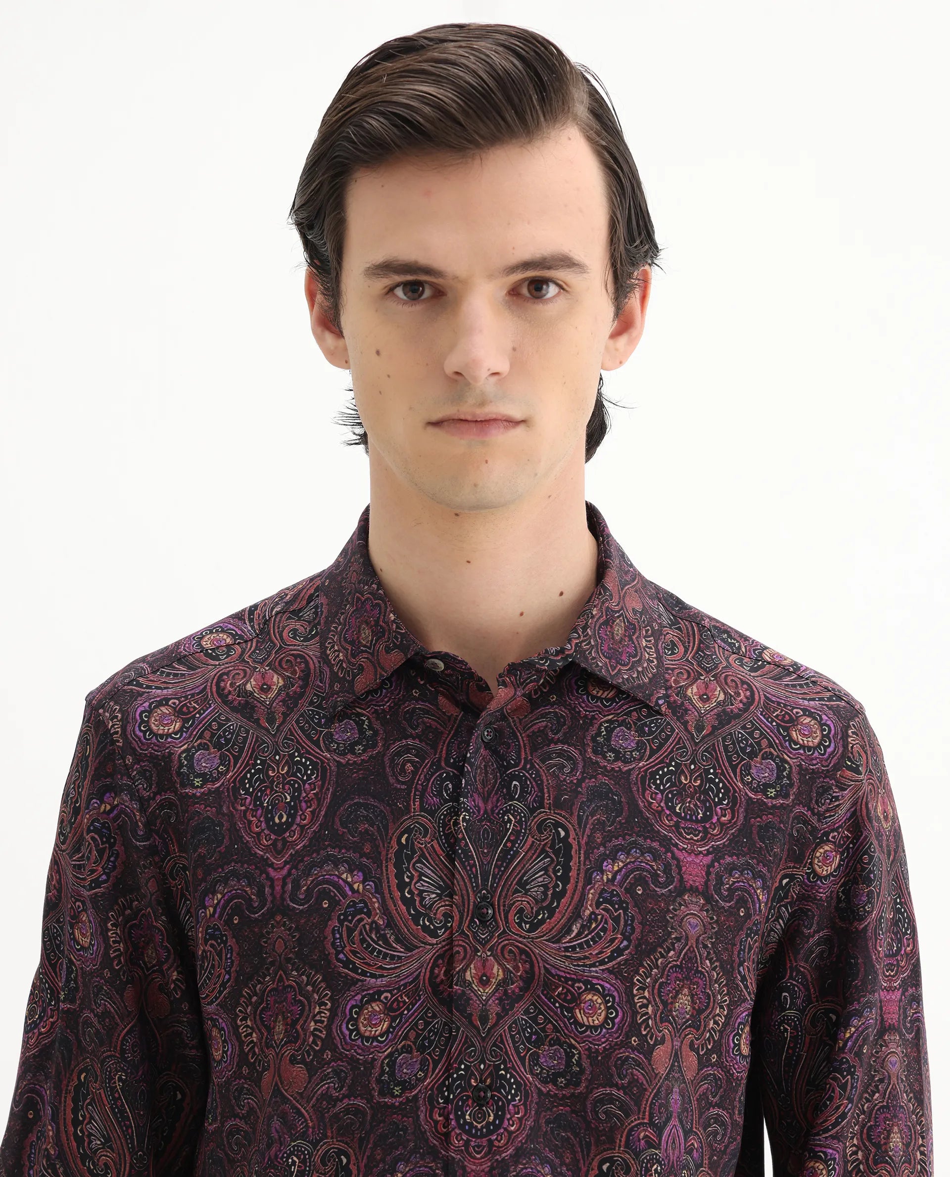 Rare Rabbit Men's Rust Dusky Purple Viscose Paisley Print Regular Fit Full Sleeve Collared Shirt