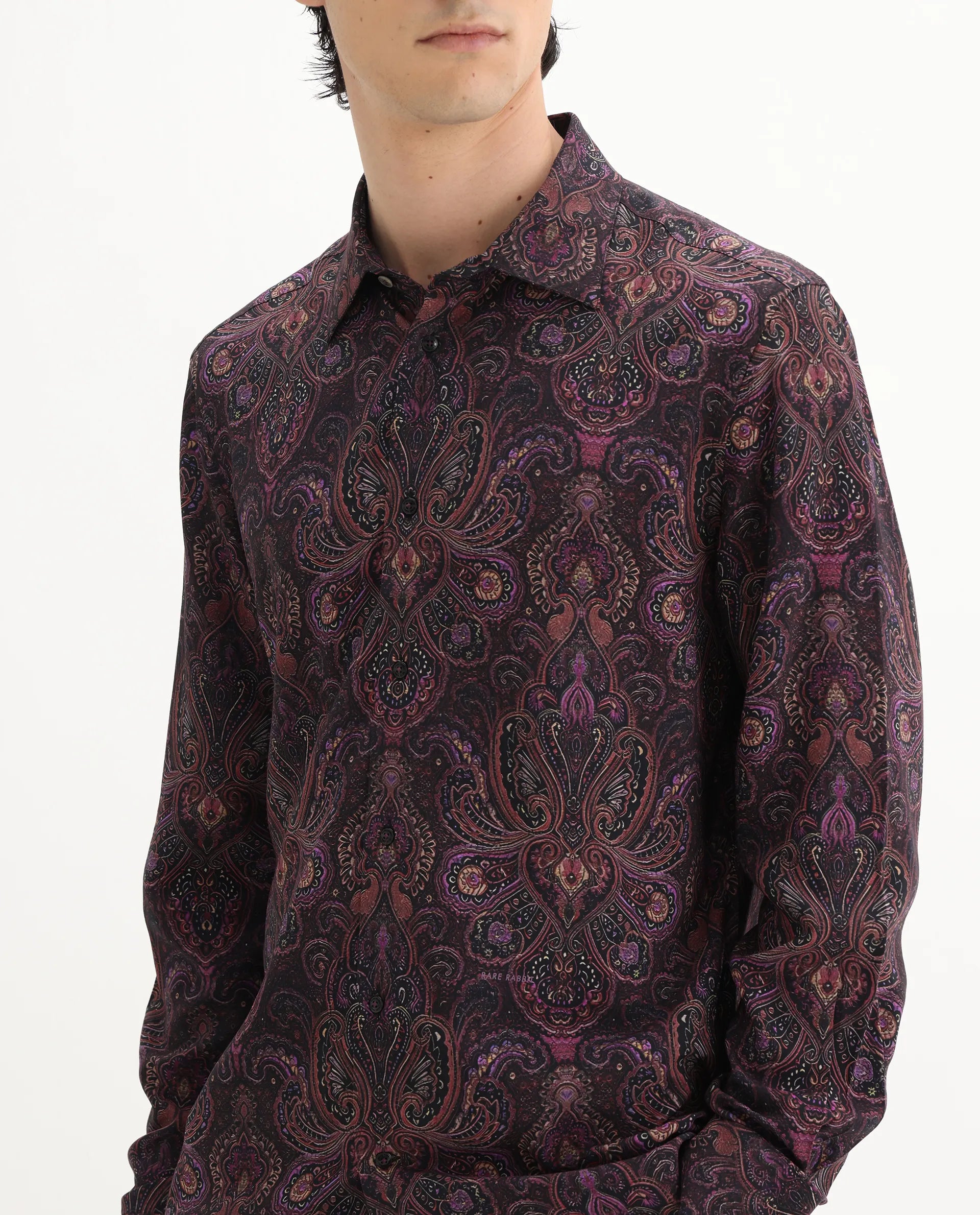 Rare Rabbit Men's Rust Dusky Purple Viscose Paisley Print Regular Fit Full Sleeve Collared Shirt