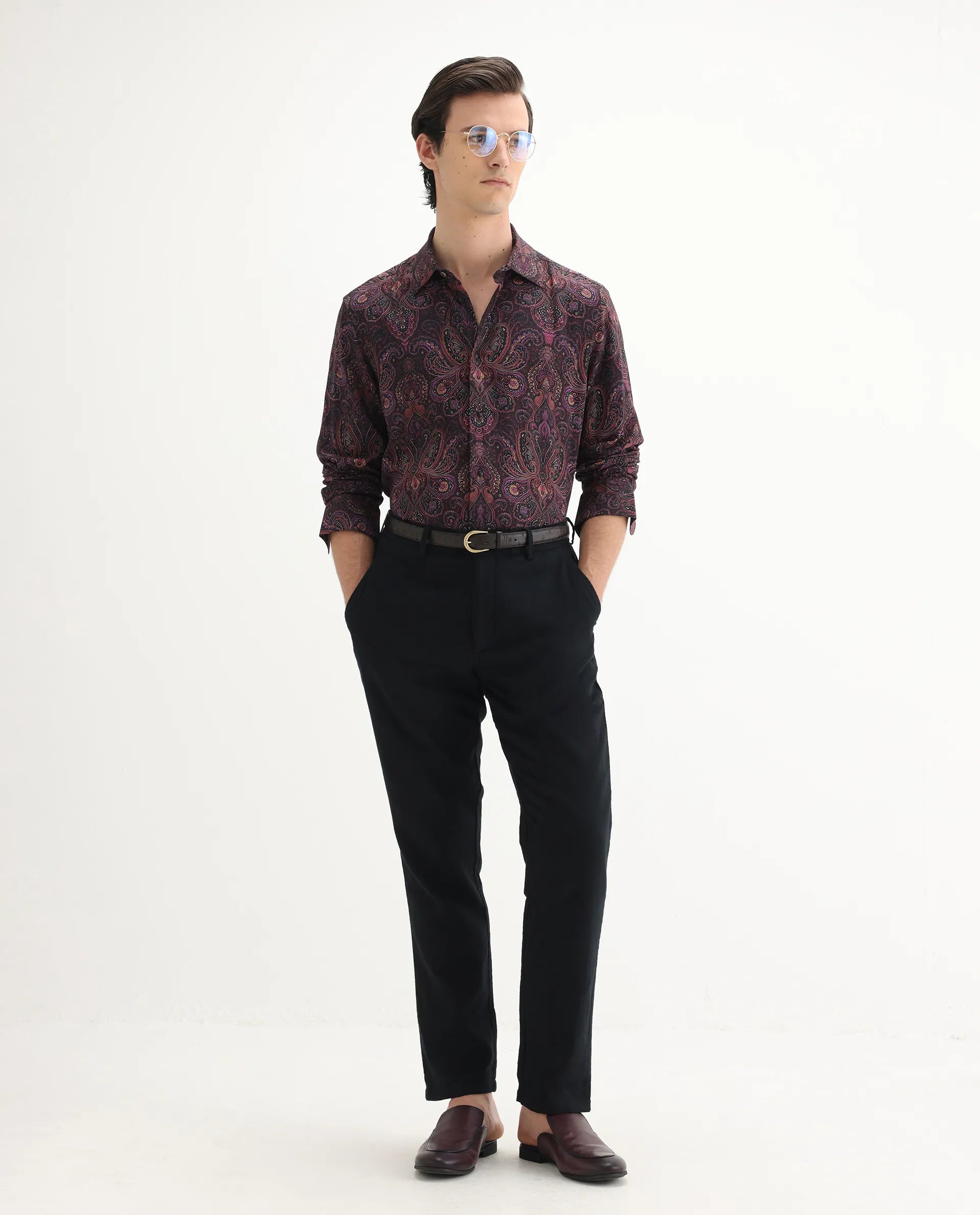 Rare Rabbit Men's Rust Dusky Purple Viscose Paisley Print Regular Fit Full Sleeve Collared Shirt