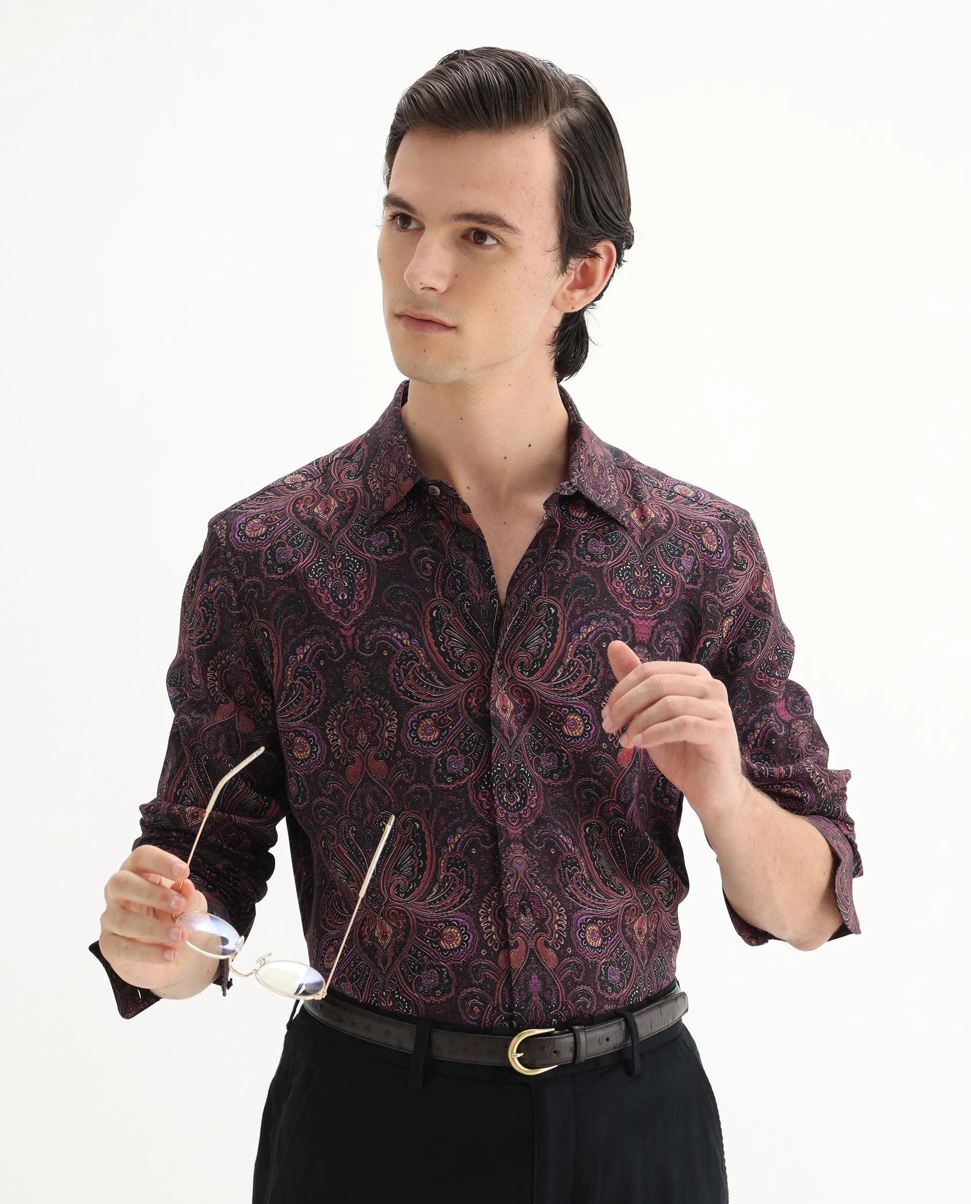 Rare Rabbit Men's Rust Dusky Purple Viscose Paisley Print Regular Fit Full Sleeve Collared Shirt