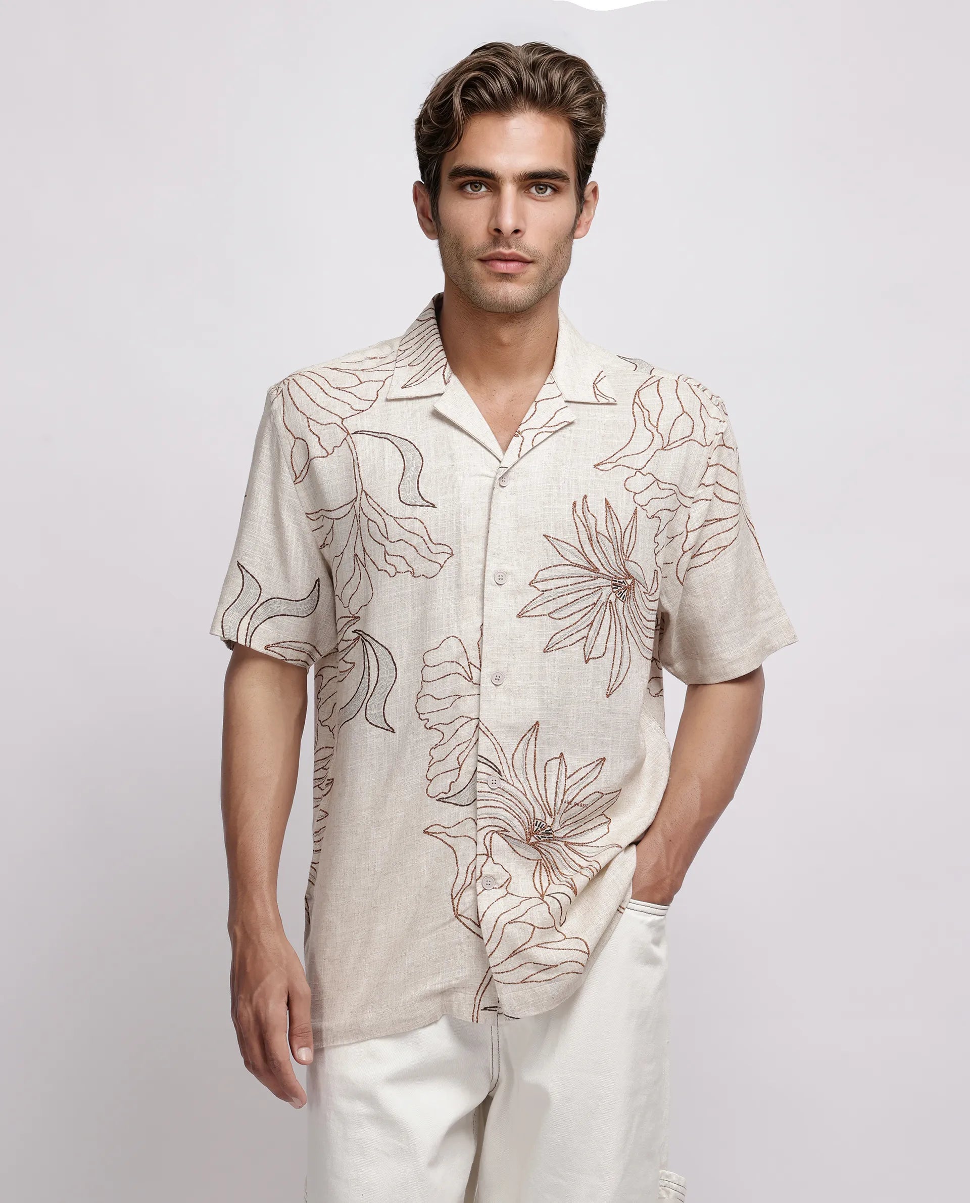 Rare Rabbit Men's Rustel Khaki Viscose Floral Print Relaxed Fit Half Sleeve Cuban Collar Shirt