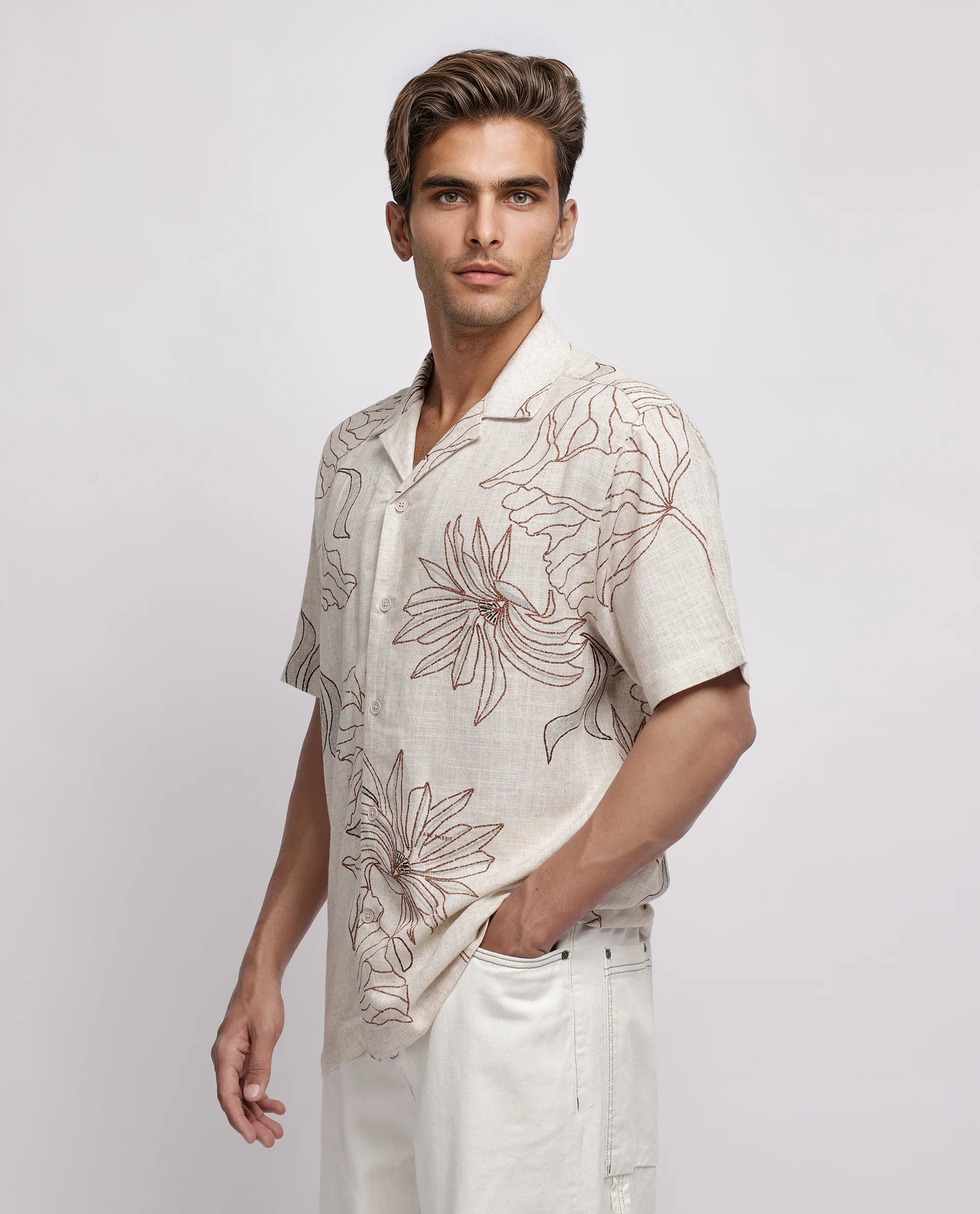 Rare Rabbit Men's Rustel Khaki Viscose Floral Print Relaxed Fit Half Sleeve Cuban Collar Shirt