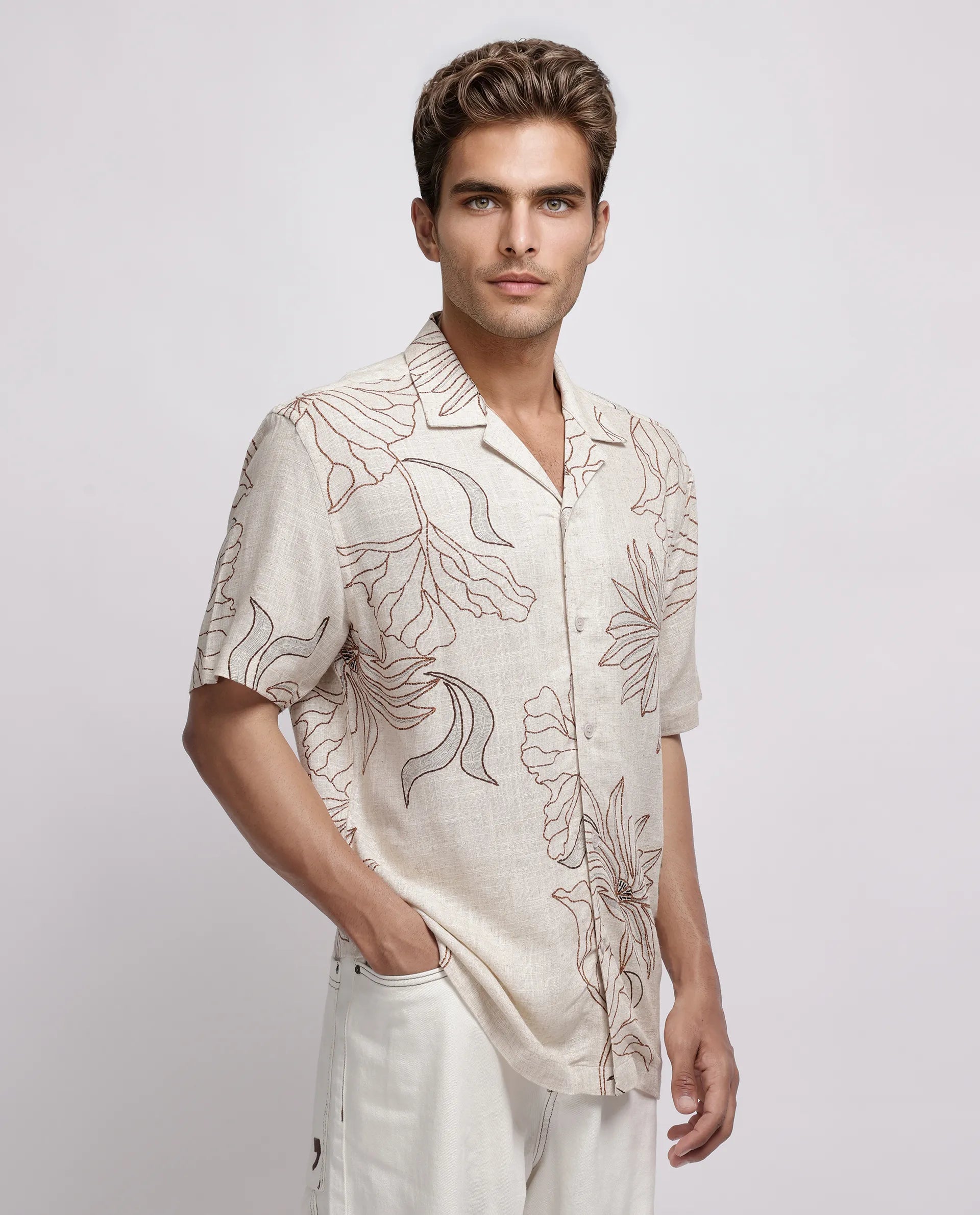 Rare Rabbit Men's Rustel Khaki Viscose Floral Print Relaxed Fit Half Sleeve Cuban Collar Shirt