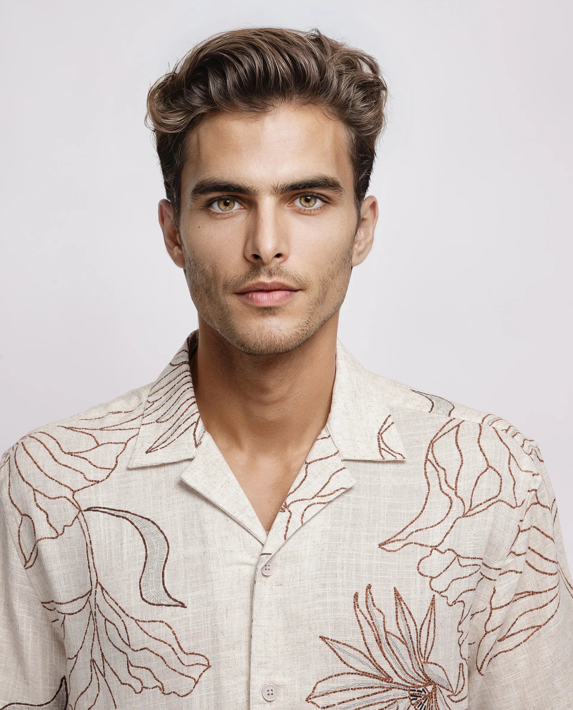 Rare Rabbit Men's Rustel Khaki Viscose Floral Print Relaxed Fit Half Sleeve Cuban Collar Shirt