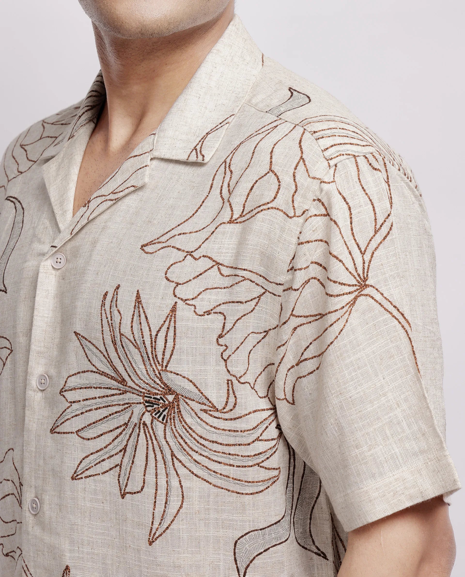 Rare Rabbit Men's Rustel Khaki Viscose Floral Print Relaxed Fit Half Sleeve Cuban Collar Shirt