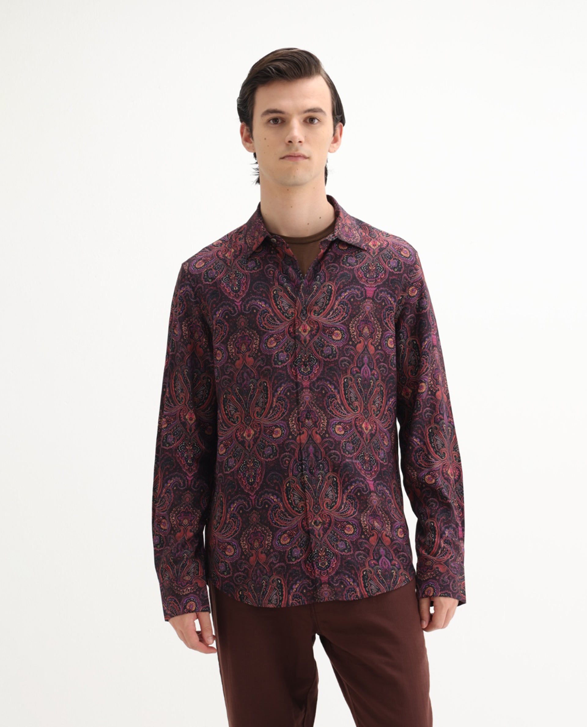Rare Rabbit Men's Rust Dusky Purple Viscose Paisley Print Regular Fit Full Sleeve Collared Shirt