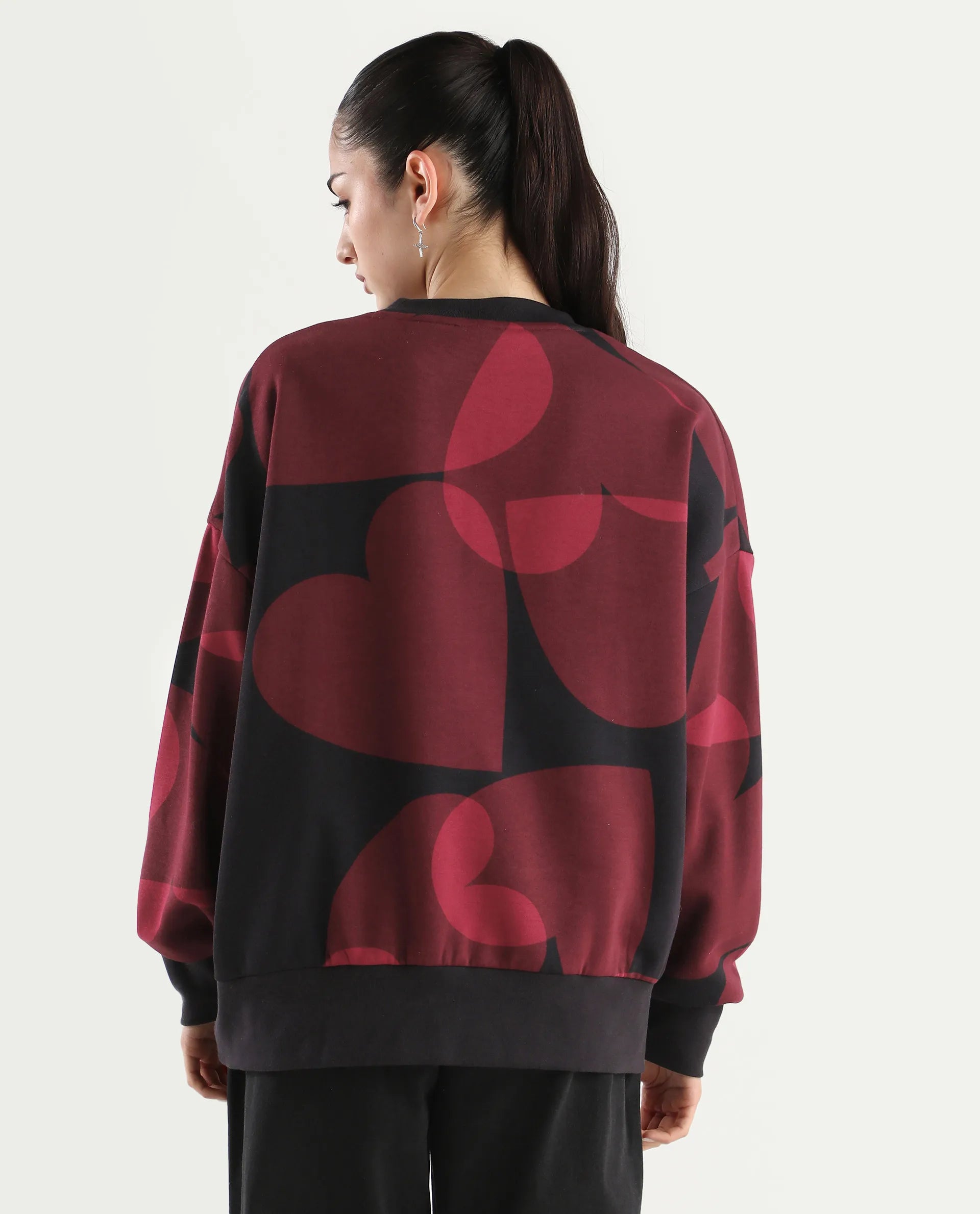Rareism Women's Ruth Black Cotton Blend Crew Neck Oversize Fit Abstract Print Sweatshirt