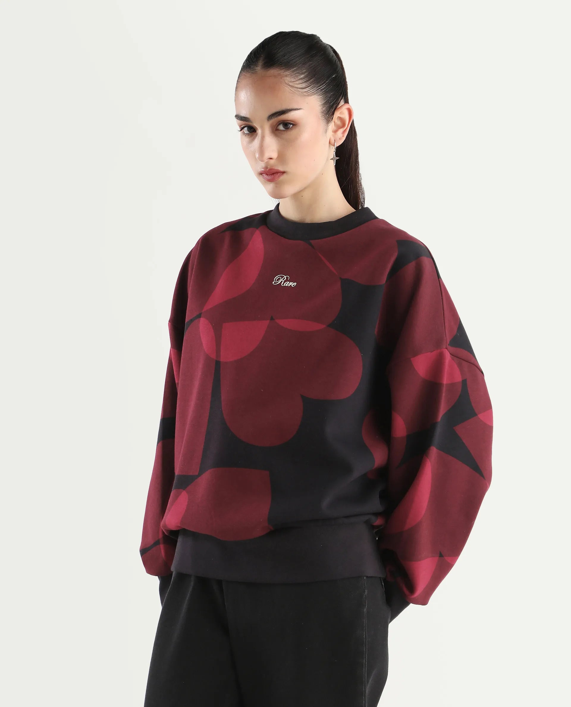Rareism Women's Ruth Black Cotton Blend Crew Neck Oversize Fit Abstract Print Sweatshirt