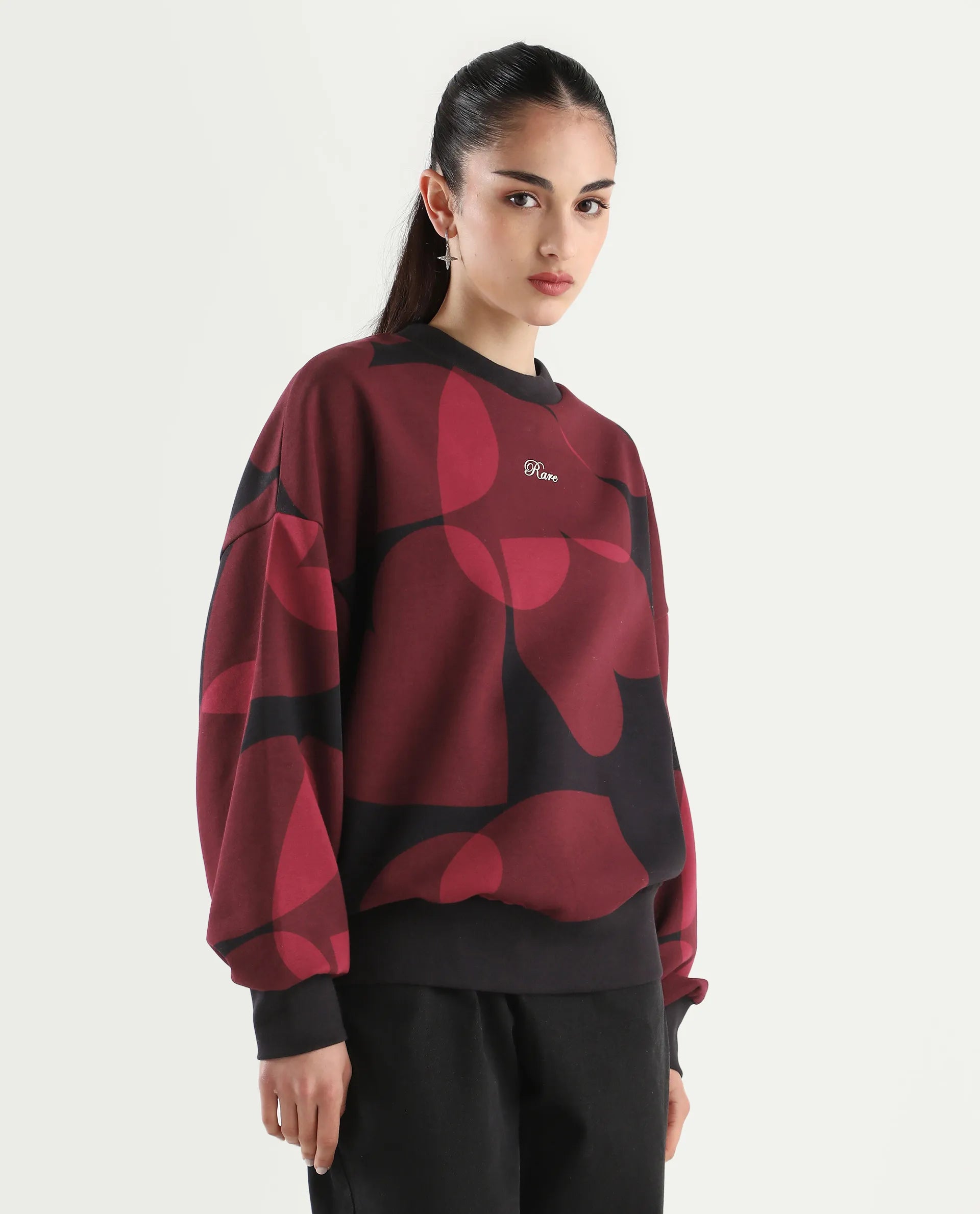 Rareism Women's Ruth Black Cotton Blend Crew Neck Oversize Fit Abstract Print Sweatshirt