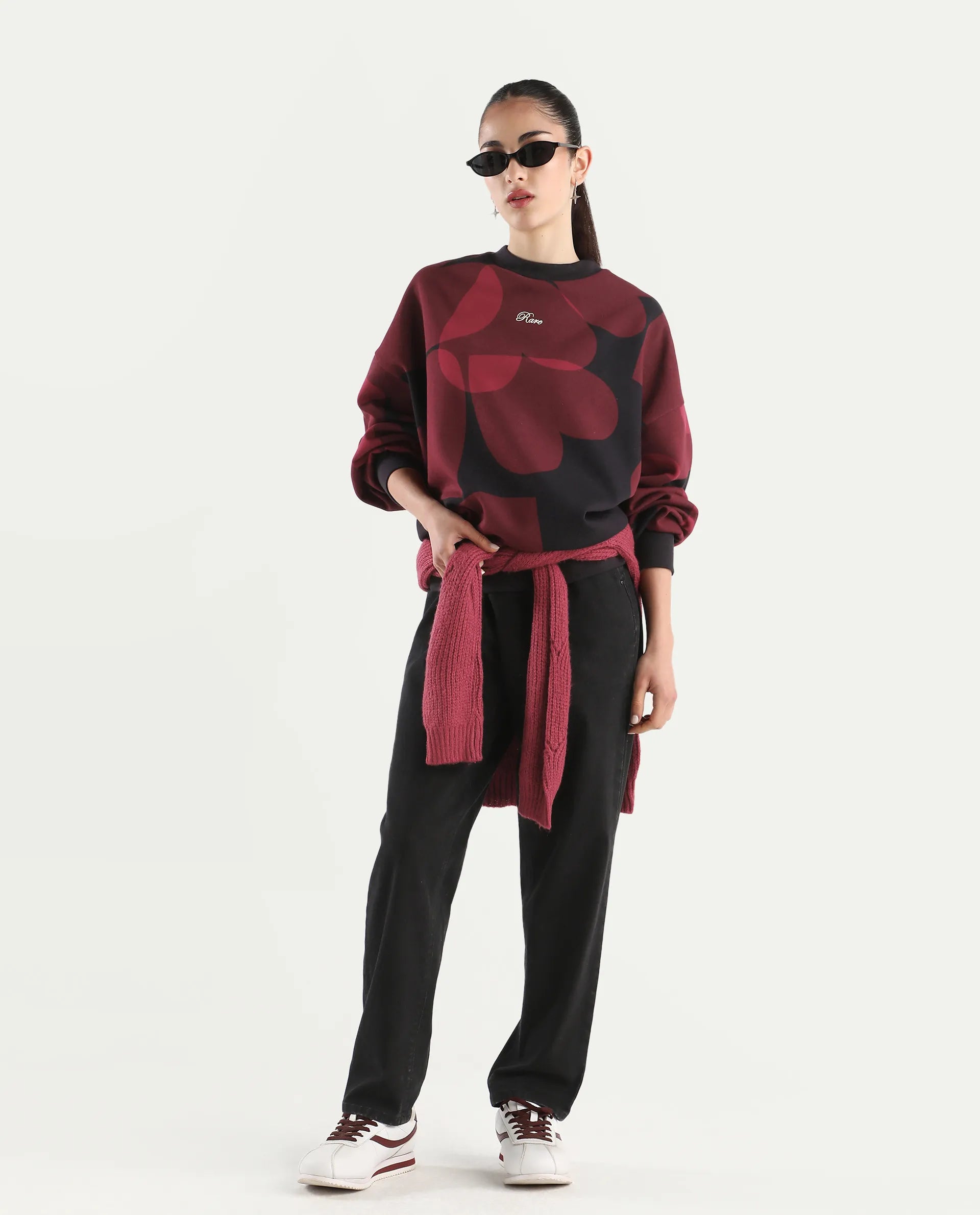 Rareism Women's Ruth Black Cotton Blend Crew Neck Oversize Fit Abstract Print Sweatshirt