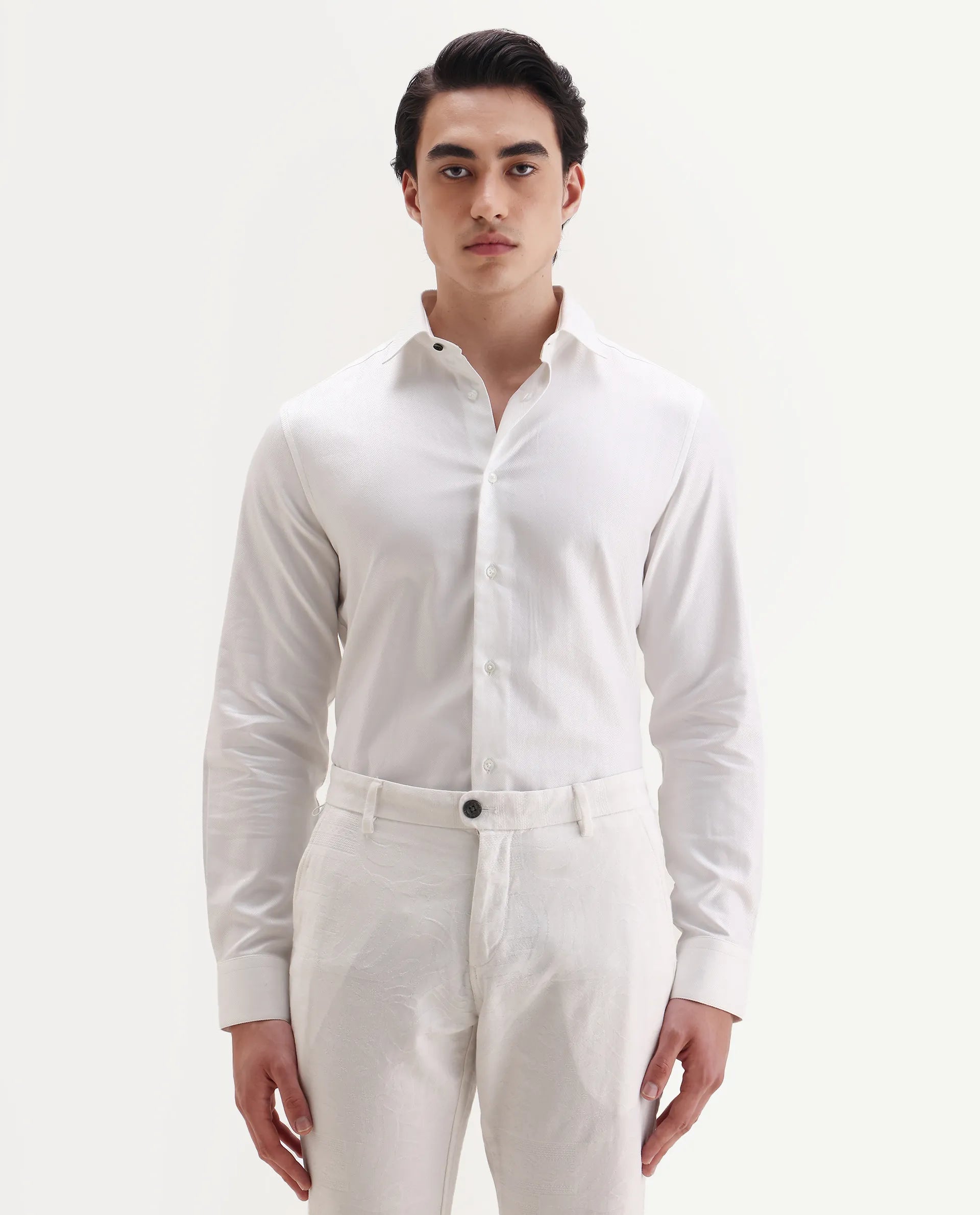 Rare Rabbit Men's Ruther 25 White Cotton Fabric Spread Collar Regular Jacquard Shirt