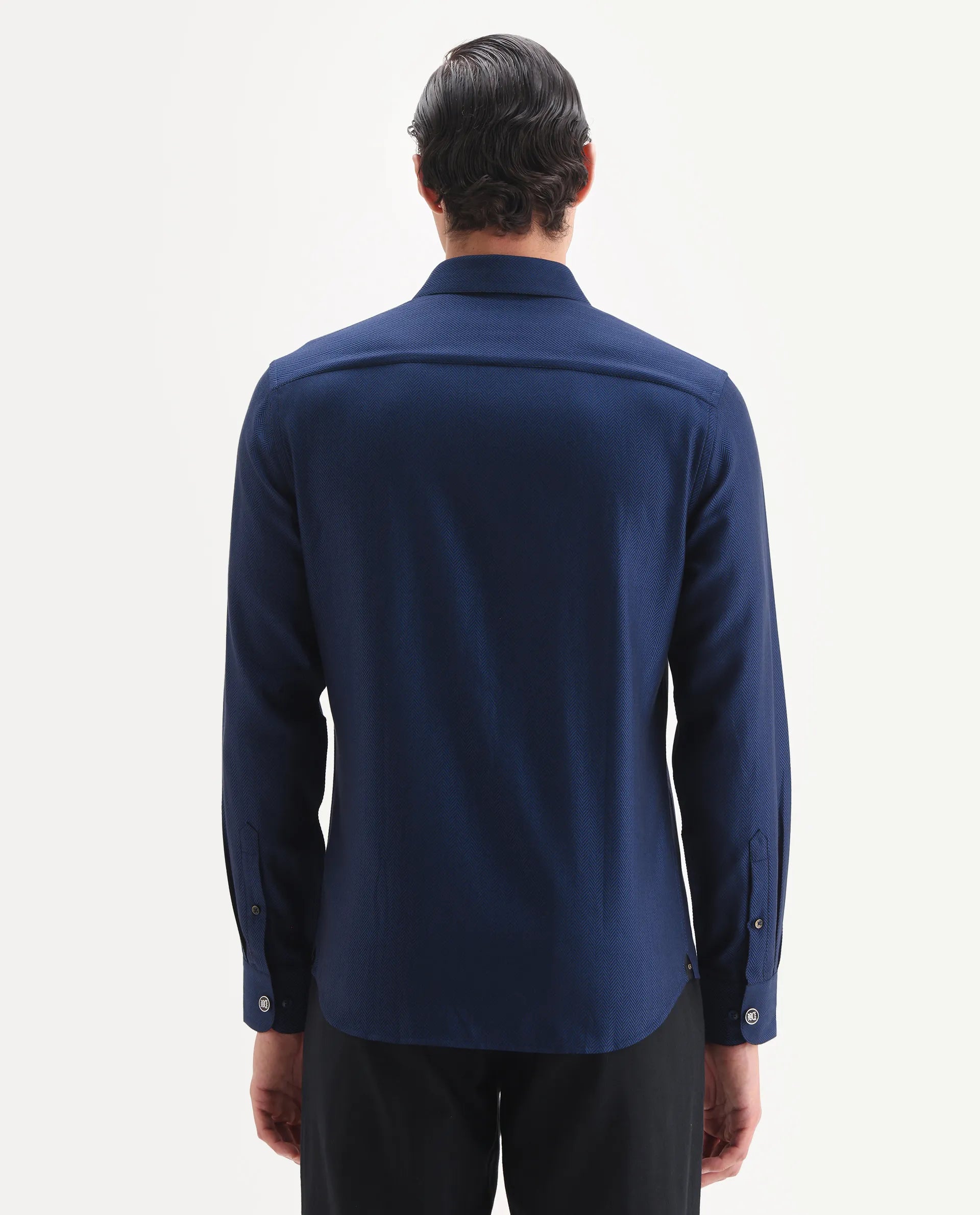 Rare Rabbit Men's Ruther 25 Dark Blue Cotton Fabric Spread Collar Regular Jacquard Shirt