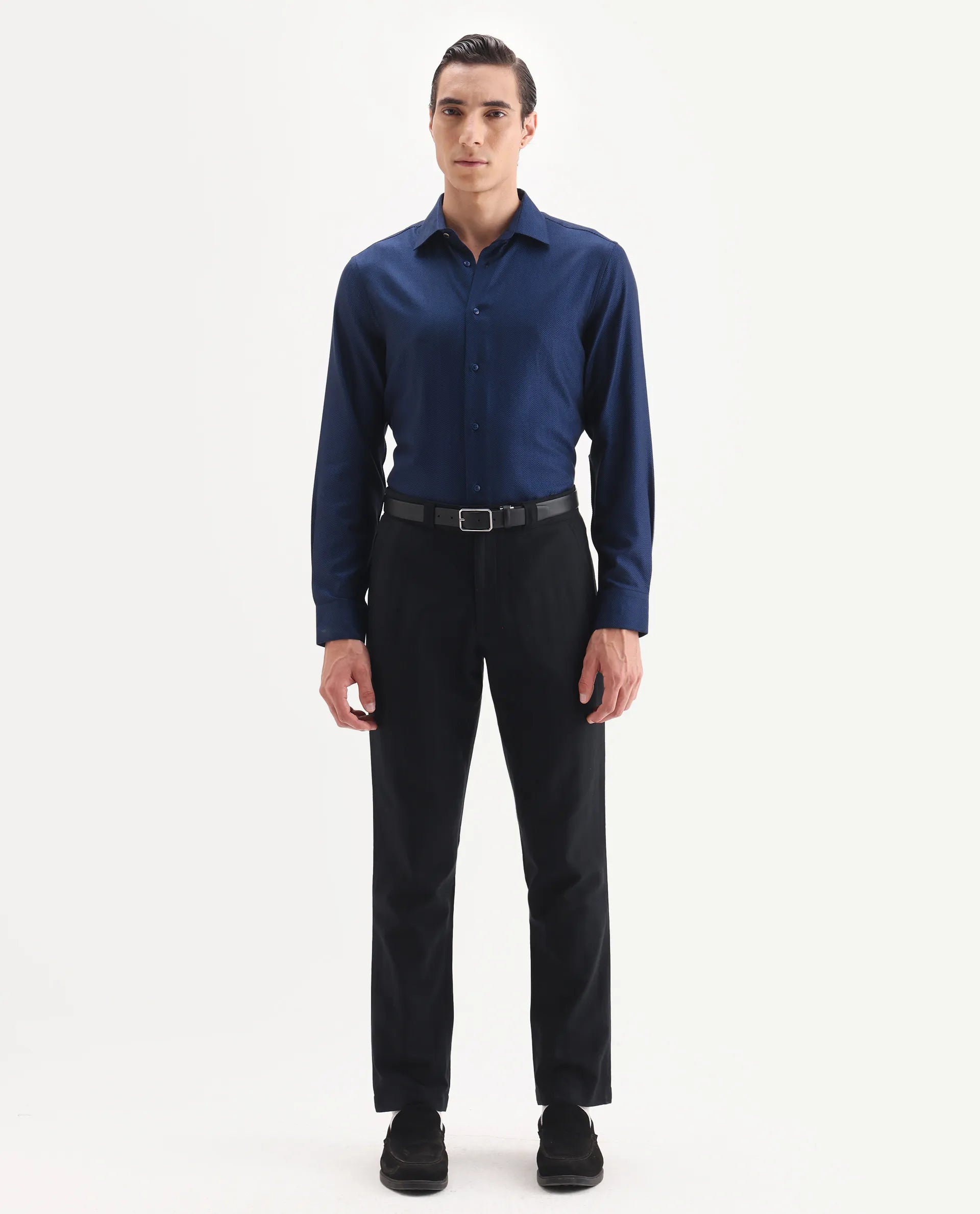 Rare Rabbit Men's Ruther 25 Dark Blue Cotton Fabric Spread Collar Regular Jacquard Shirt