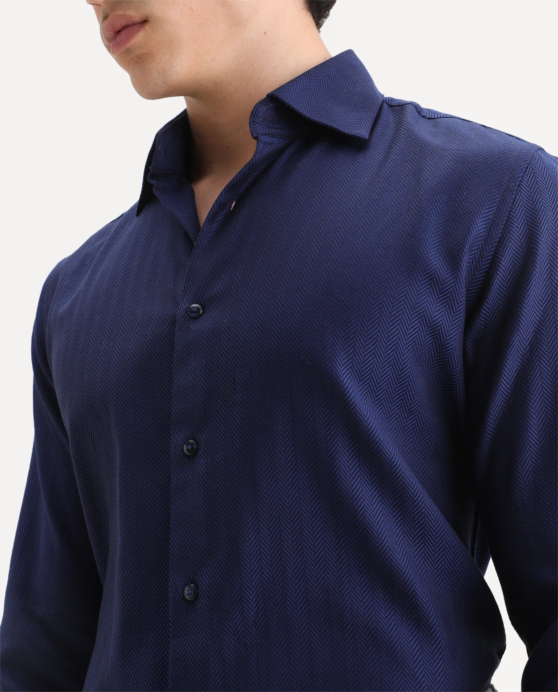 Rare Rabbit Men's Ruther Navy Cotton Plain Regular Fit Full Sleeve Collared Shirt