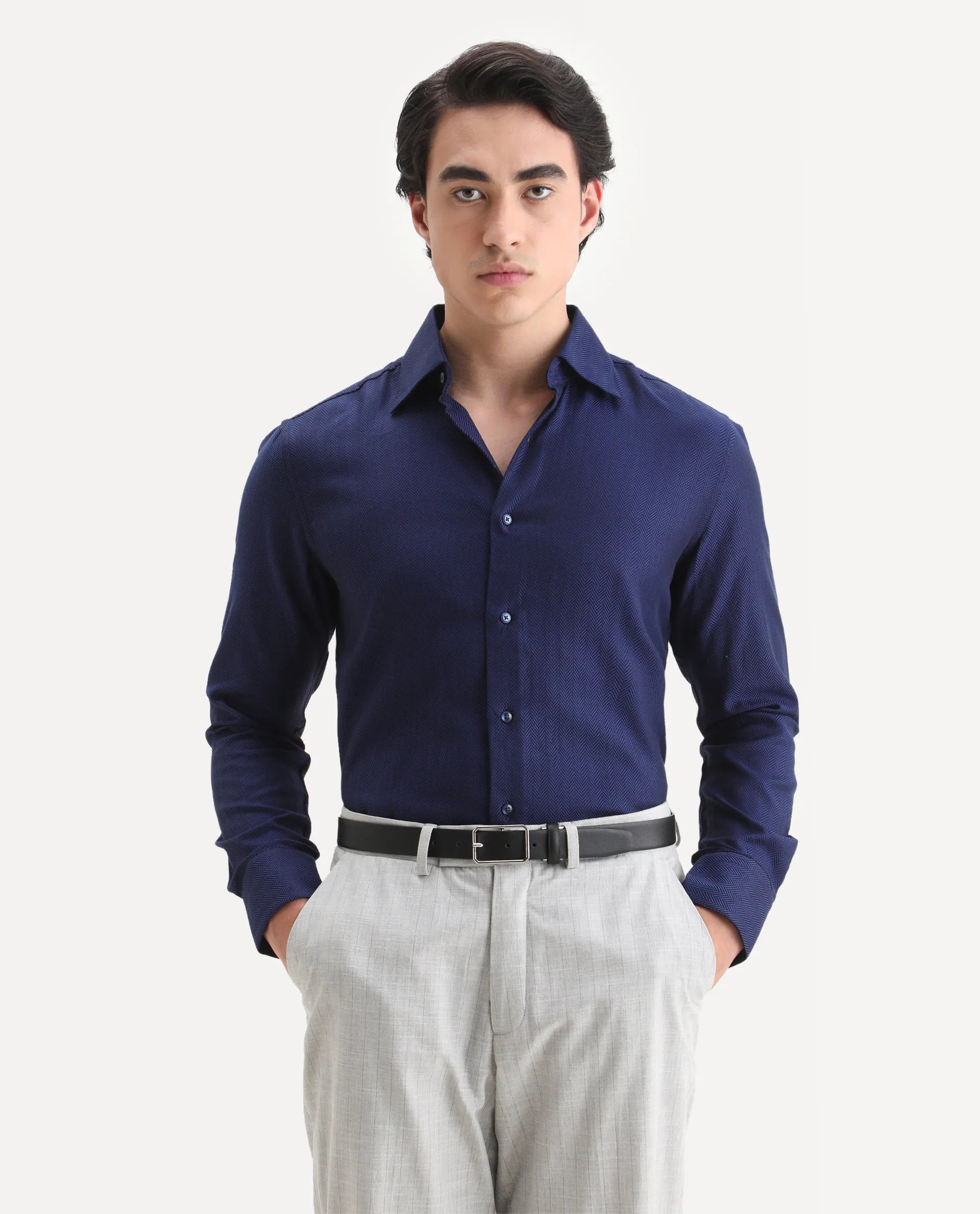 Rare Rabbit Men's Ruther Navy Cotton Plain Regular Fit Full Sleeve Collared Shirt