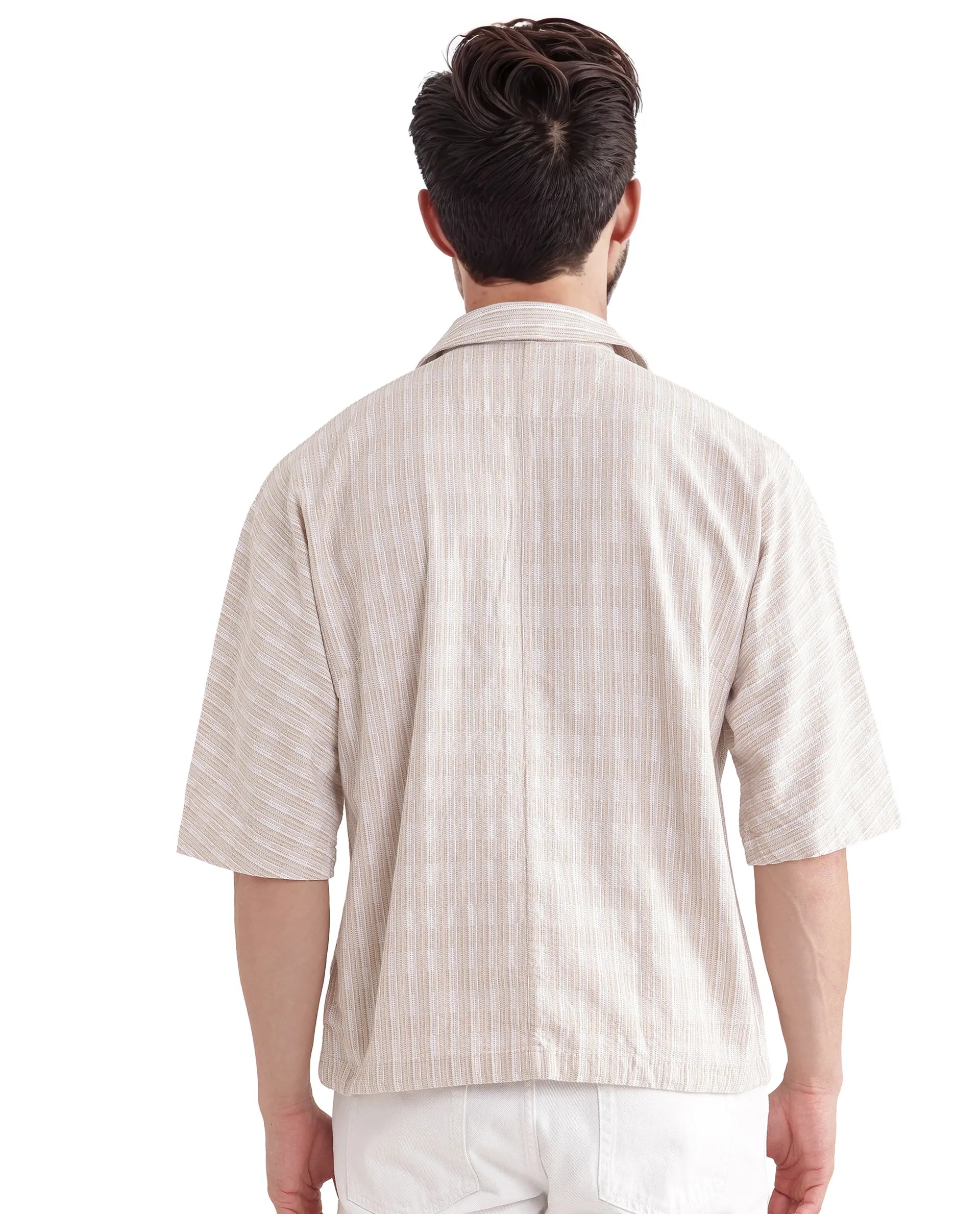 Rare Rabbit Men's Ruto Light Beige Cotton Fabric Short Sleeve Cuban Collared Button Closure Textured Stripe Shirt