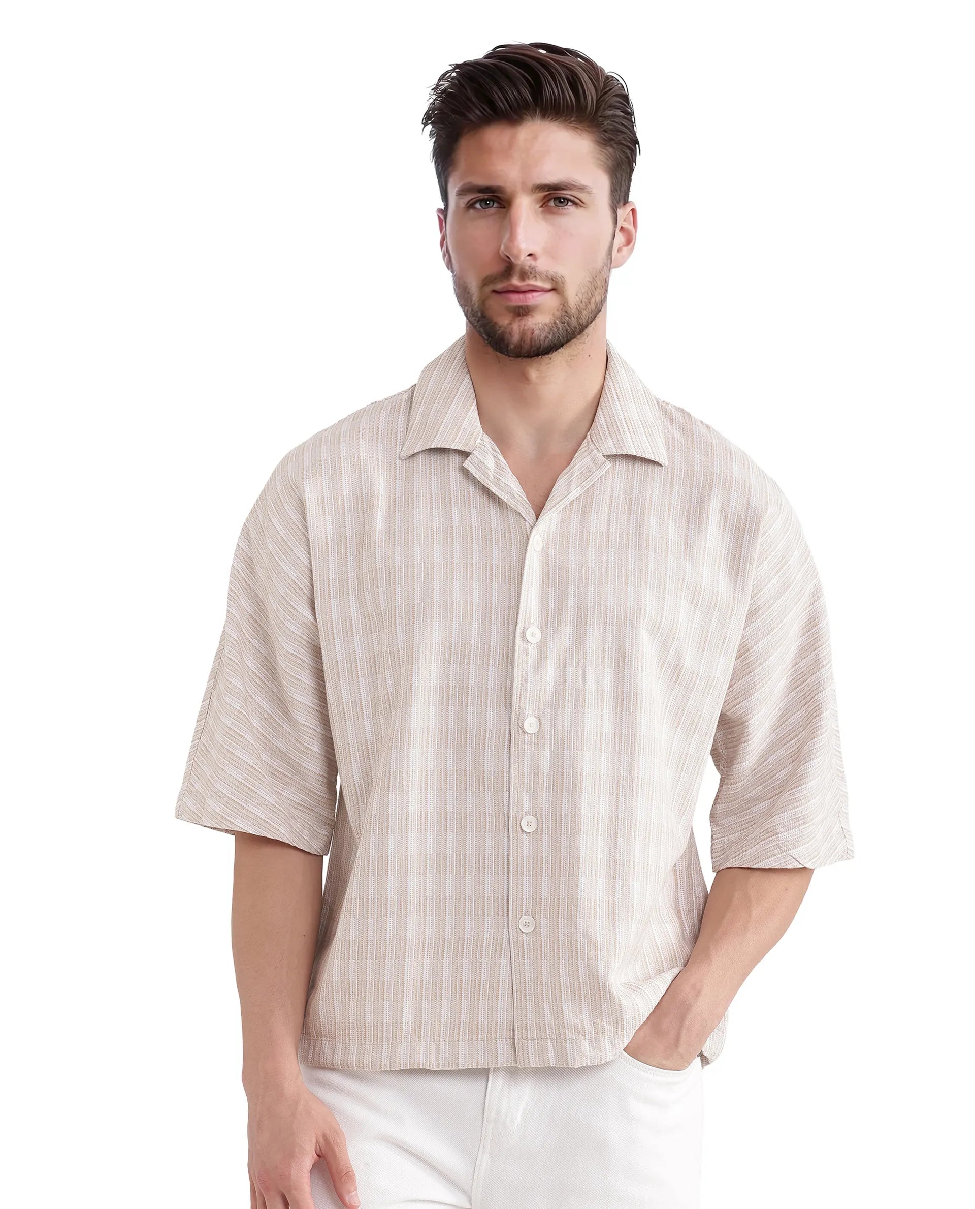 Rare Rabbit Men's Ruto Light Beige Cotton Fabric Short Sleeve Cuban Collared Button Closure Textured Stripe Shirt