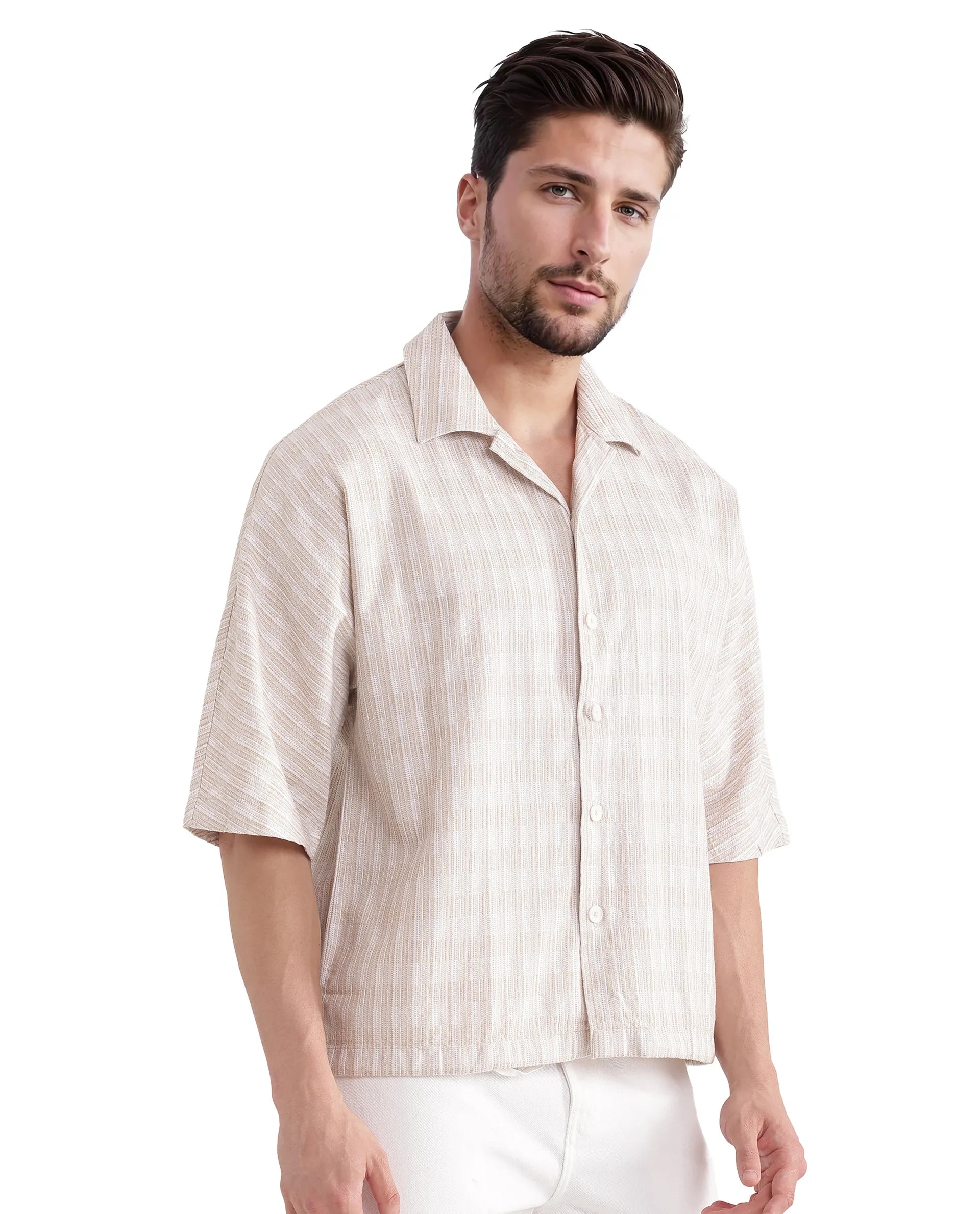 Rare Rabbit Men's Ruto Light Beige Cotton Fabric Short Sleeve Cuban Collared Button Closure Textured Stripe Shirt