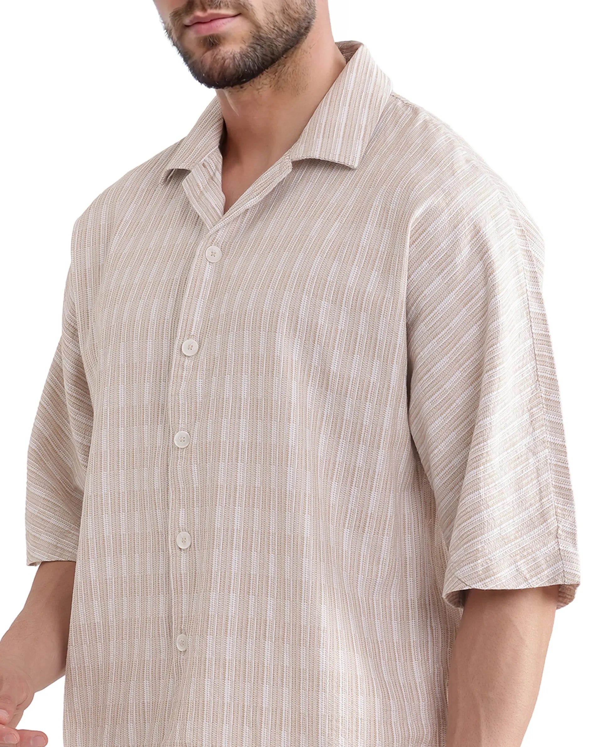 Rare Rabbit Men's Ruto Light Beige Cotton Fabric Short Sleeve Cuban Collared Button Closure Textured Stripe Shirt