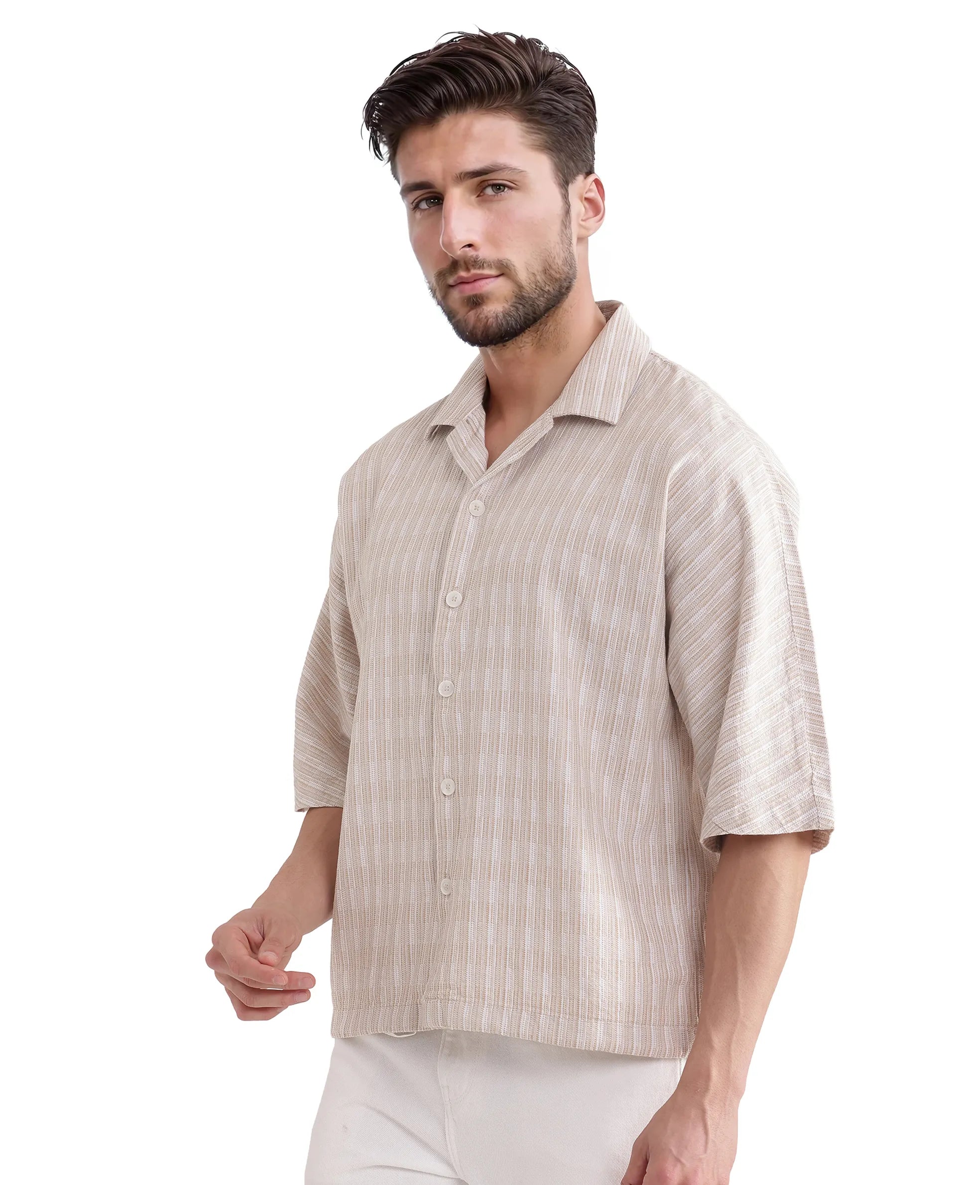 Rare Rabbit Men's Ruto Light Beige Cotton Fabric Short Sleeve Cuban Collared Button Closure Textured Stripe Shirt