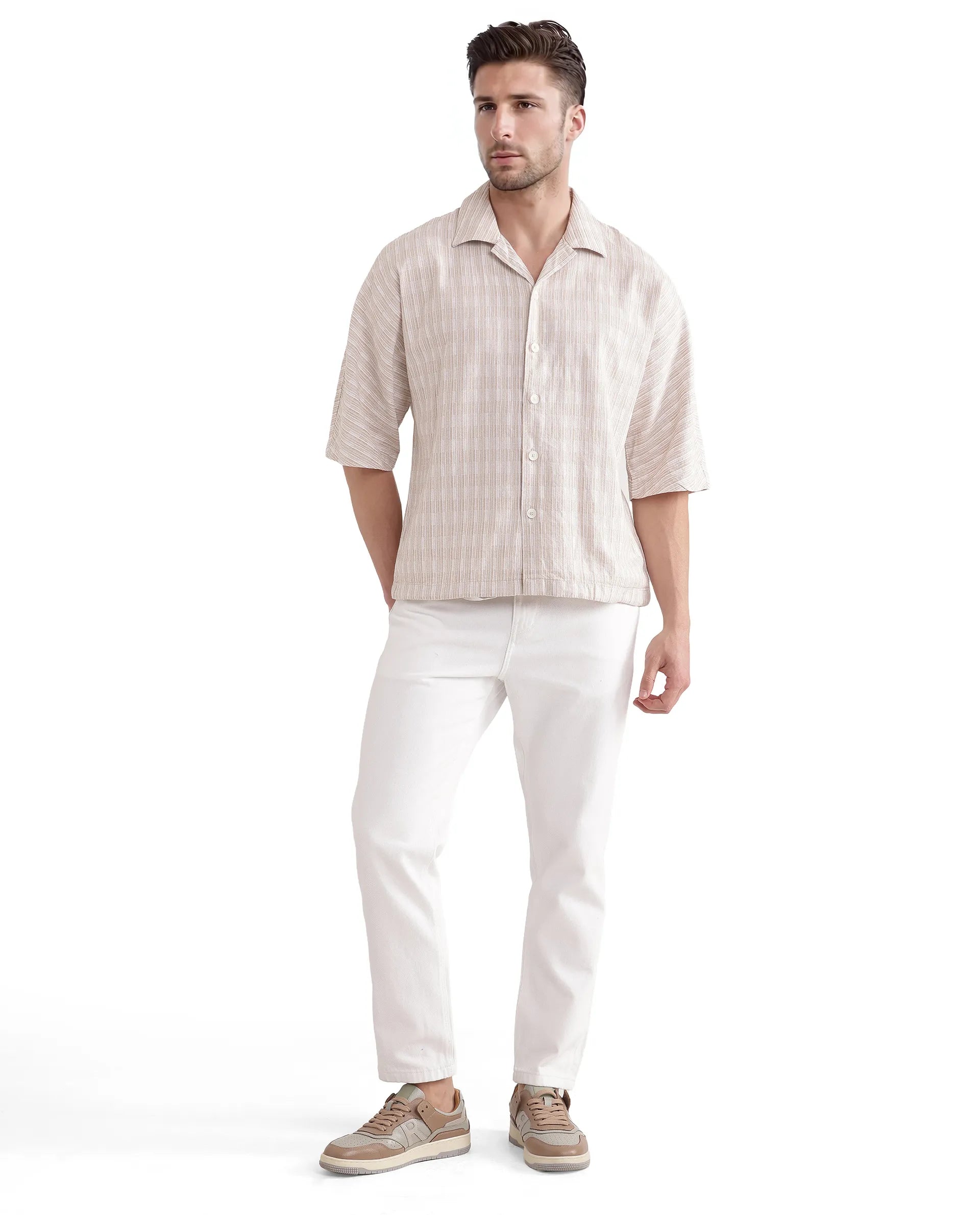 Rare Rabbit Men's Ruto Light Beige Cotton Fabric Short Sleeve Cuban Collared Button Closure Textured Stripe Shirt