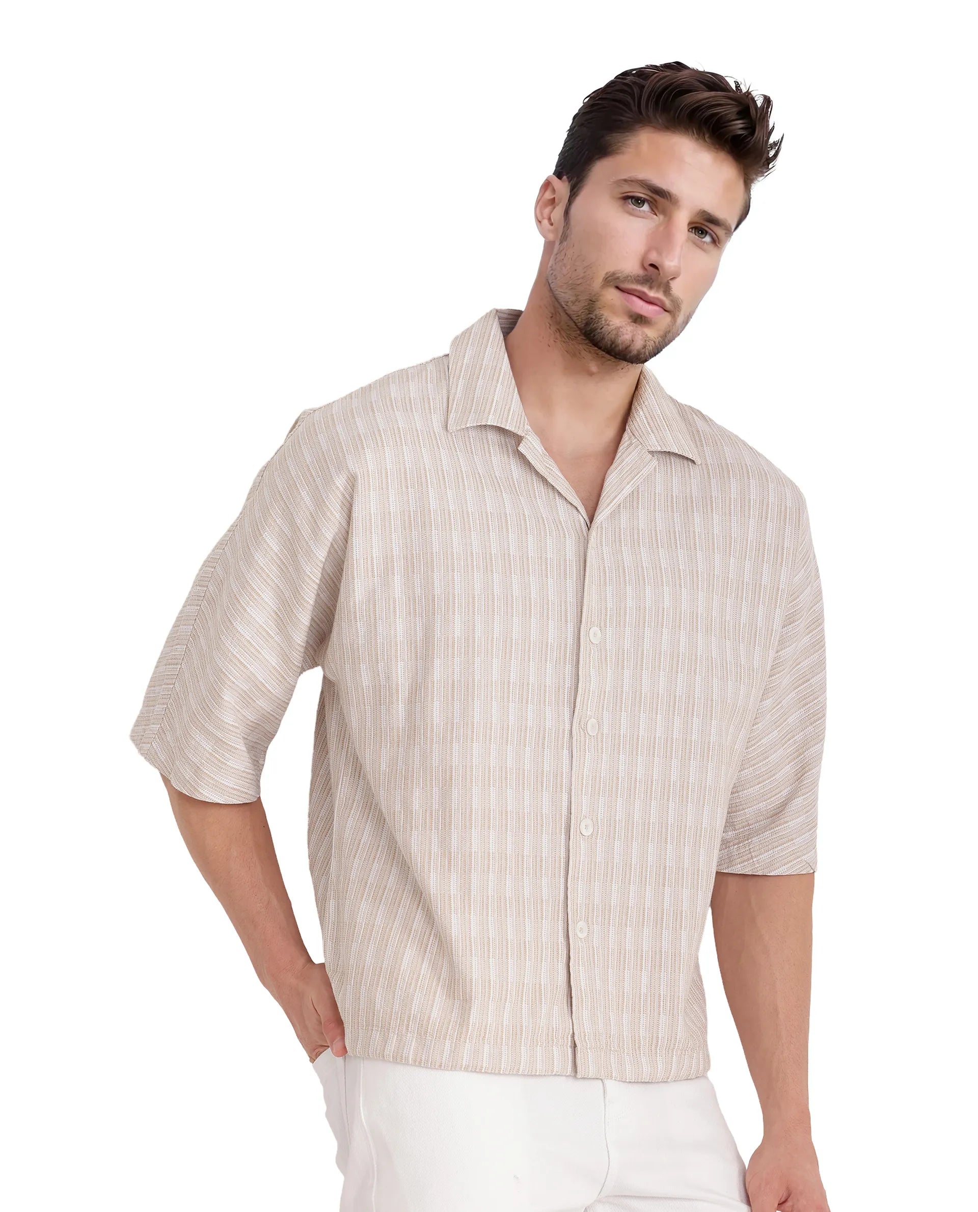 Rare Rabbit Men's Ruto Light Beige Cotton Fabric Short Sleeve Cuban Collared Button Closure Textured Stripe Shirt