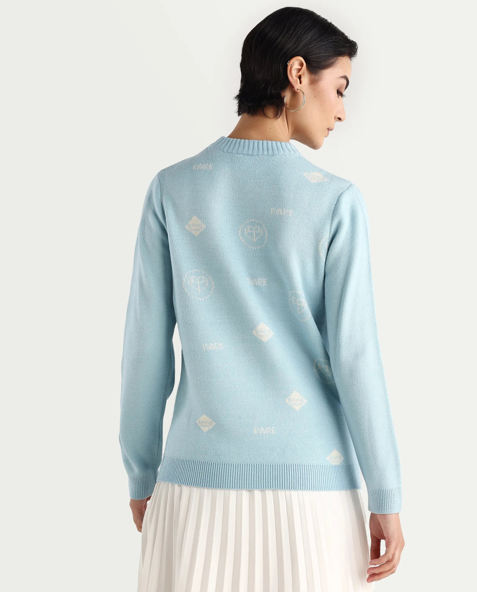 Rareism Women's Ruto Light Blue Acrylic Crew Neck Plain Relaxed Fit Sweater