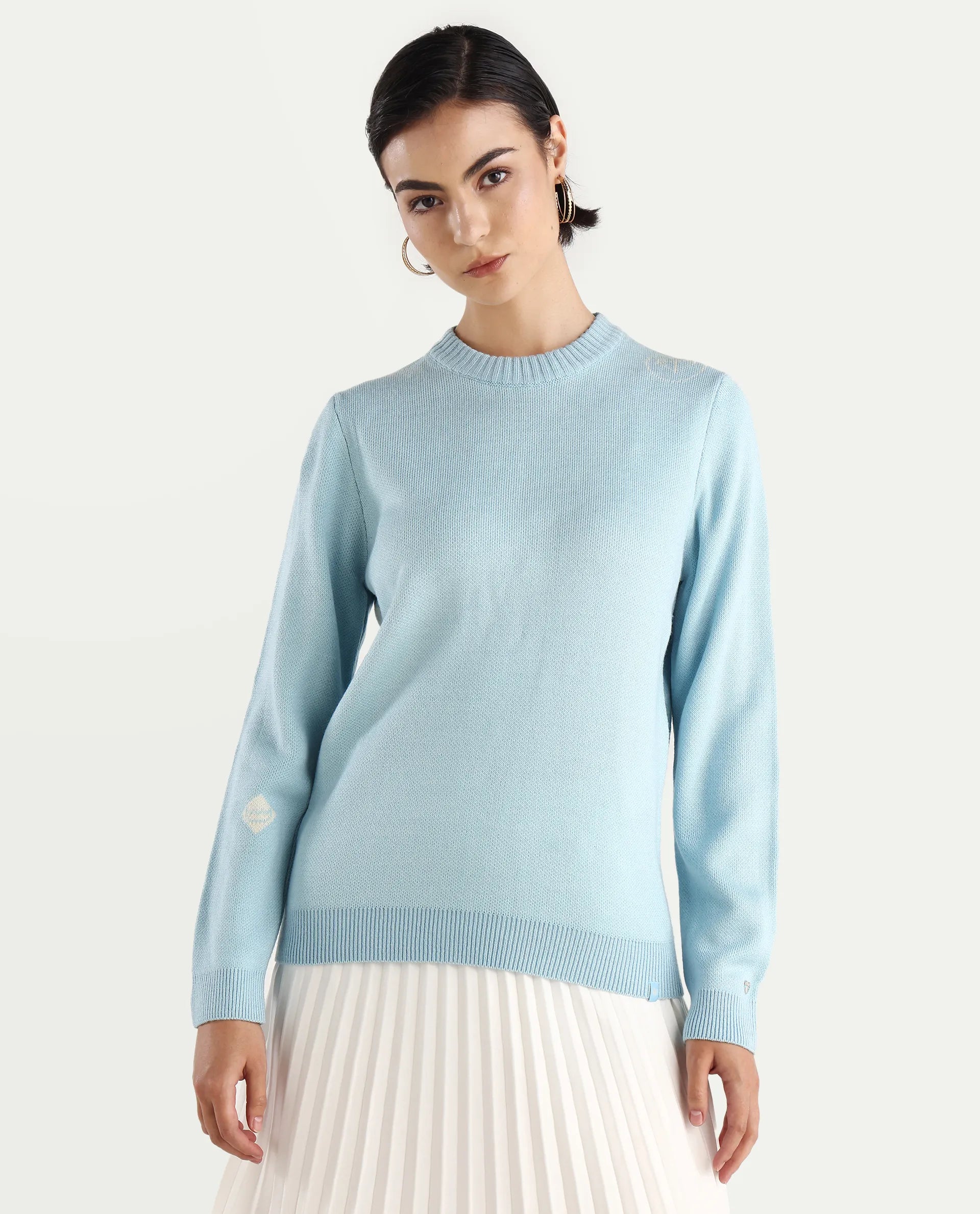 Rareism Women's Ruto Light Blue Acrylic Crew Neck Plain Relaxed Fit Sweater