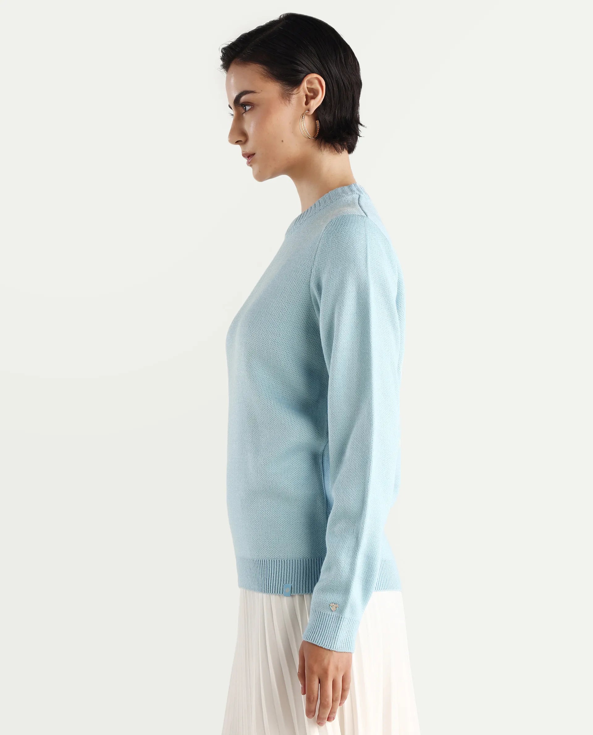 Rareism Women's Ruto Light Blue Acrylic Crew Neck Plain Relaxed Fit Sweater