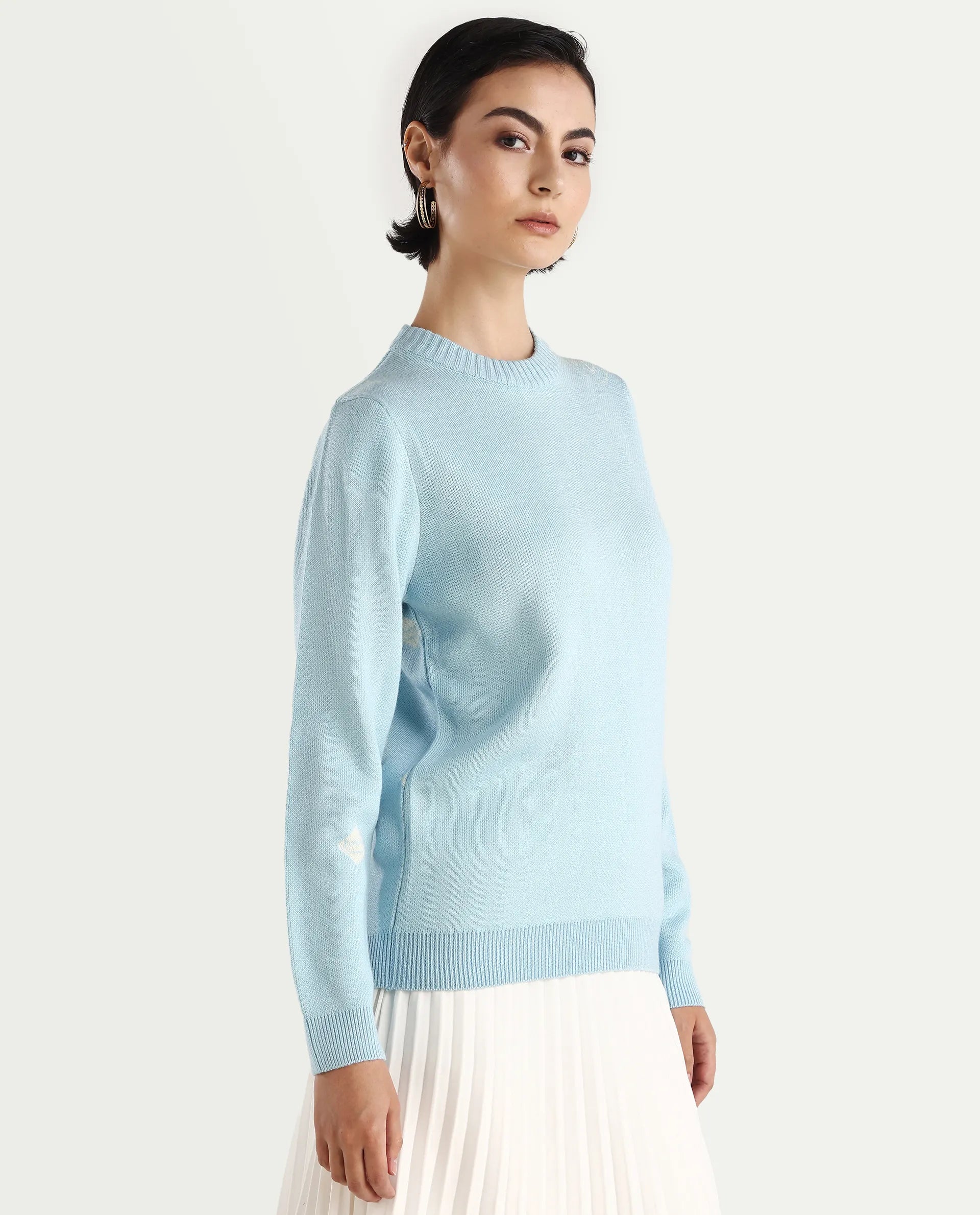 Rareism Women's Ruto Light Blue Acrylic Crew Neck Plain Relaxed Fit Sweater