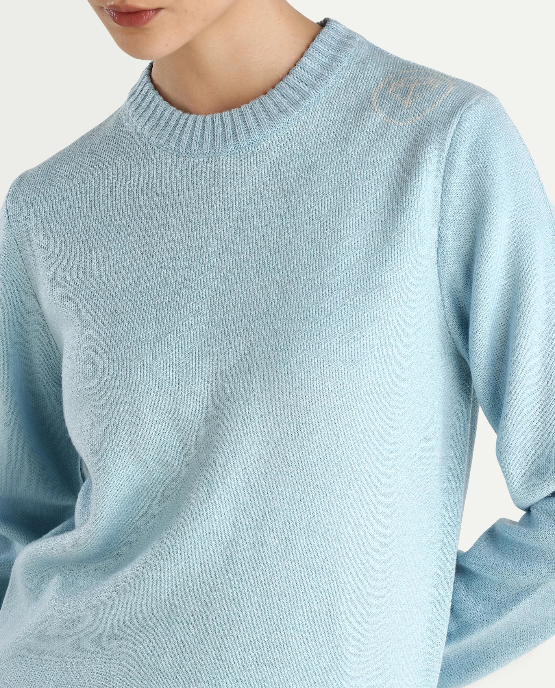 Rareism Women's Ruto Light Blue Acrylic Crew Neck Plain Relaxed Fit Sweater
