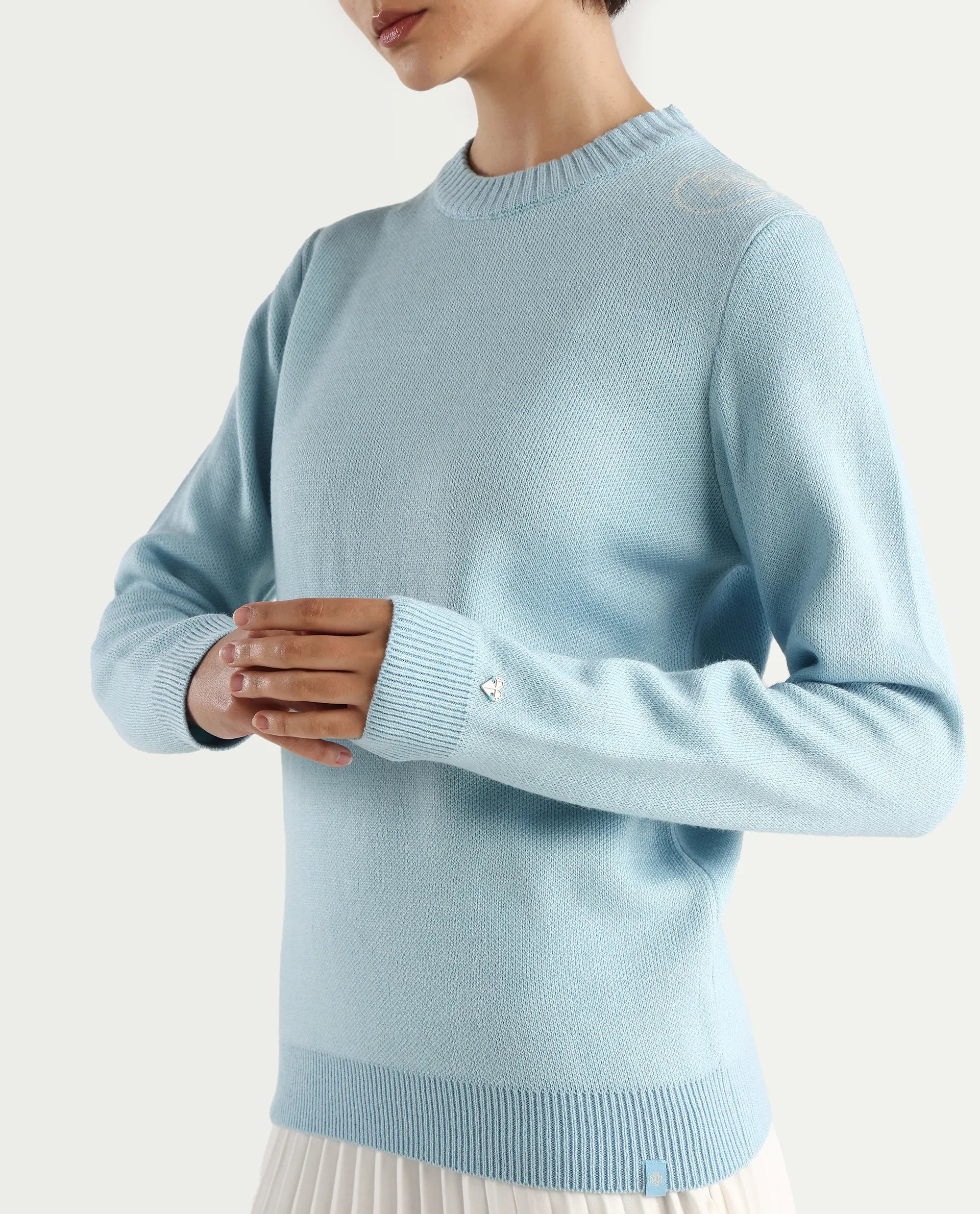Rareism Women's Ruto Light Blue Acrylic Crew Neck Plain Relaxed Fit Sweater