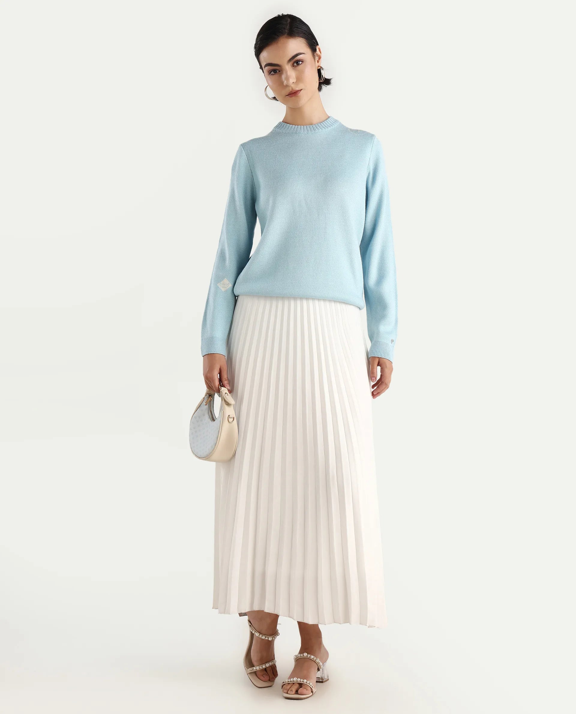 Rareism Women's Ruto Light Blue Acrylic Crew Neck Plain Relaxed Fit Sweater