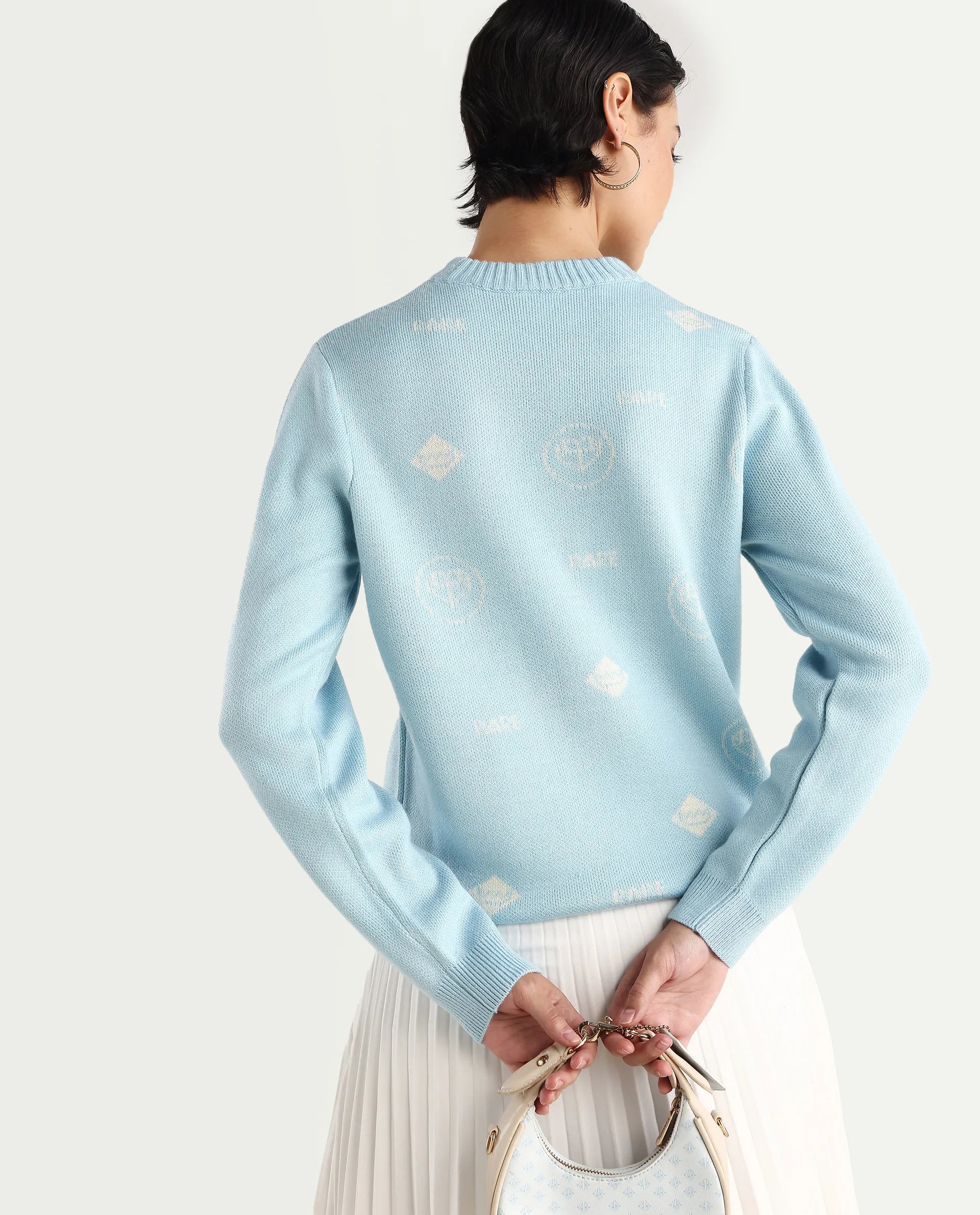 Rareism Women's Ruto Light Blue Acrylic Crew Neck Plain Relaxed Fit Sweater