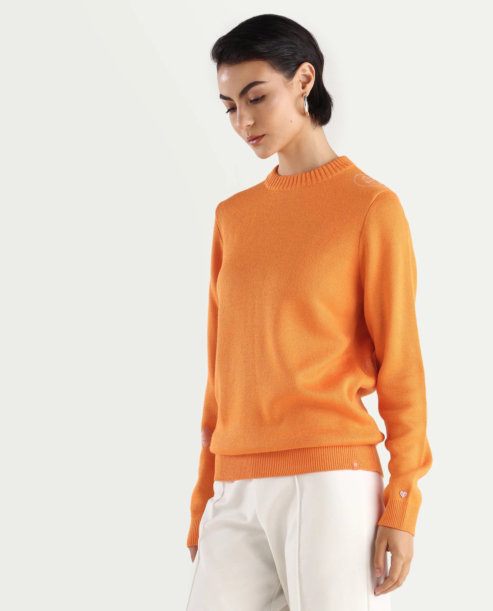 Rareism Women's Ruto Orange Acrylic Crew Neck Plain Relaxed Fit Sweater