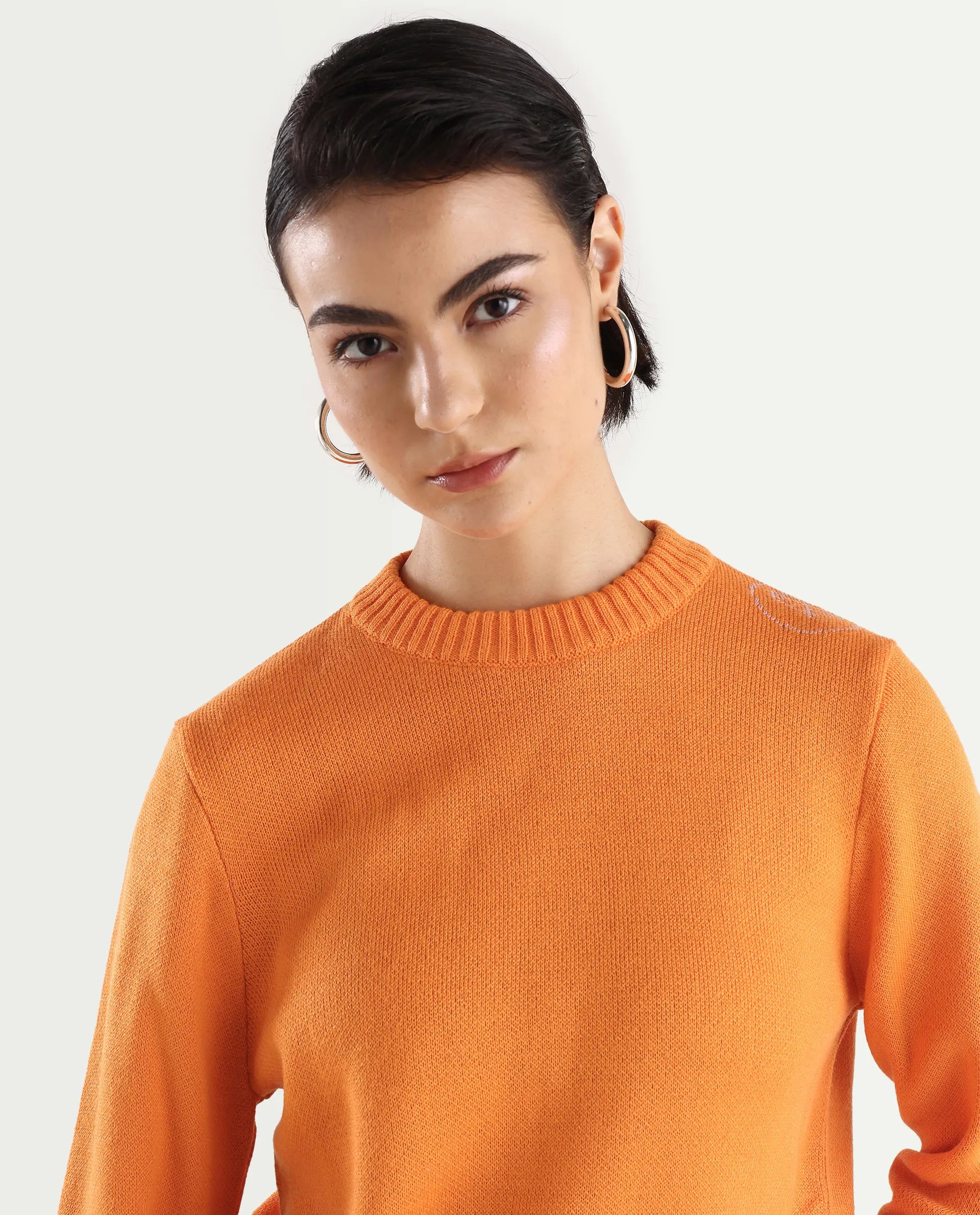 Rareism Women's Ruto Orange Acrylic Crew Neck Plain Relaxed Fit Sweater