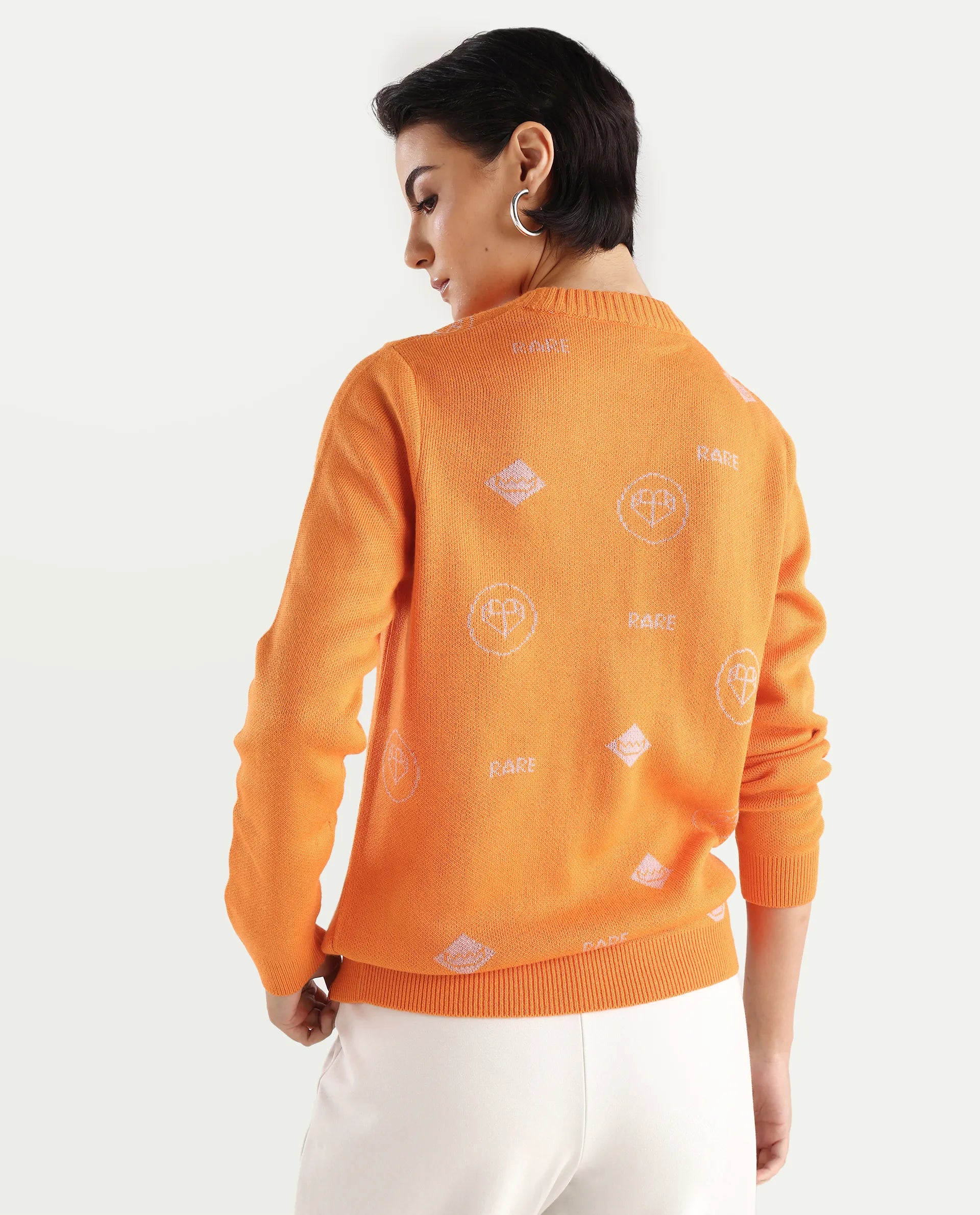 Rareism Women's Ruto Orange Acrylic Crew Neck Plain Relaxed Fit Sweater