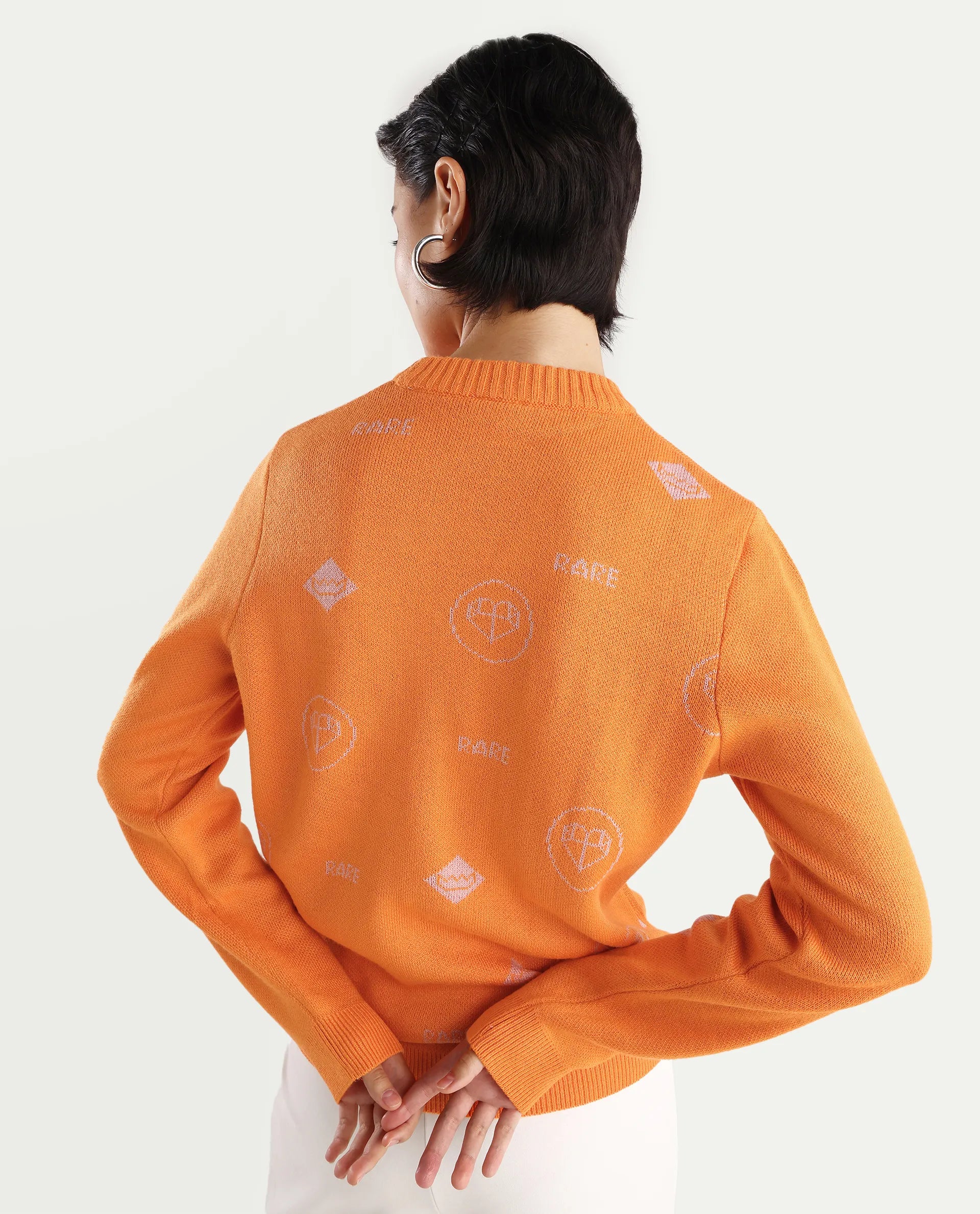 Rareism Women's Ruto Orange Acrylic Crew Neck Plain Relaxed Fit Sweater