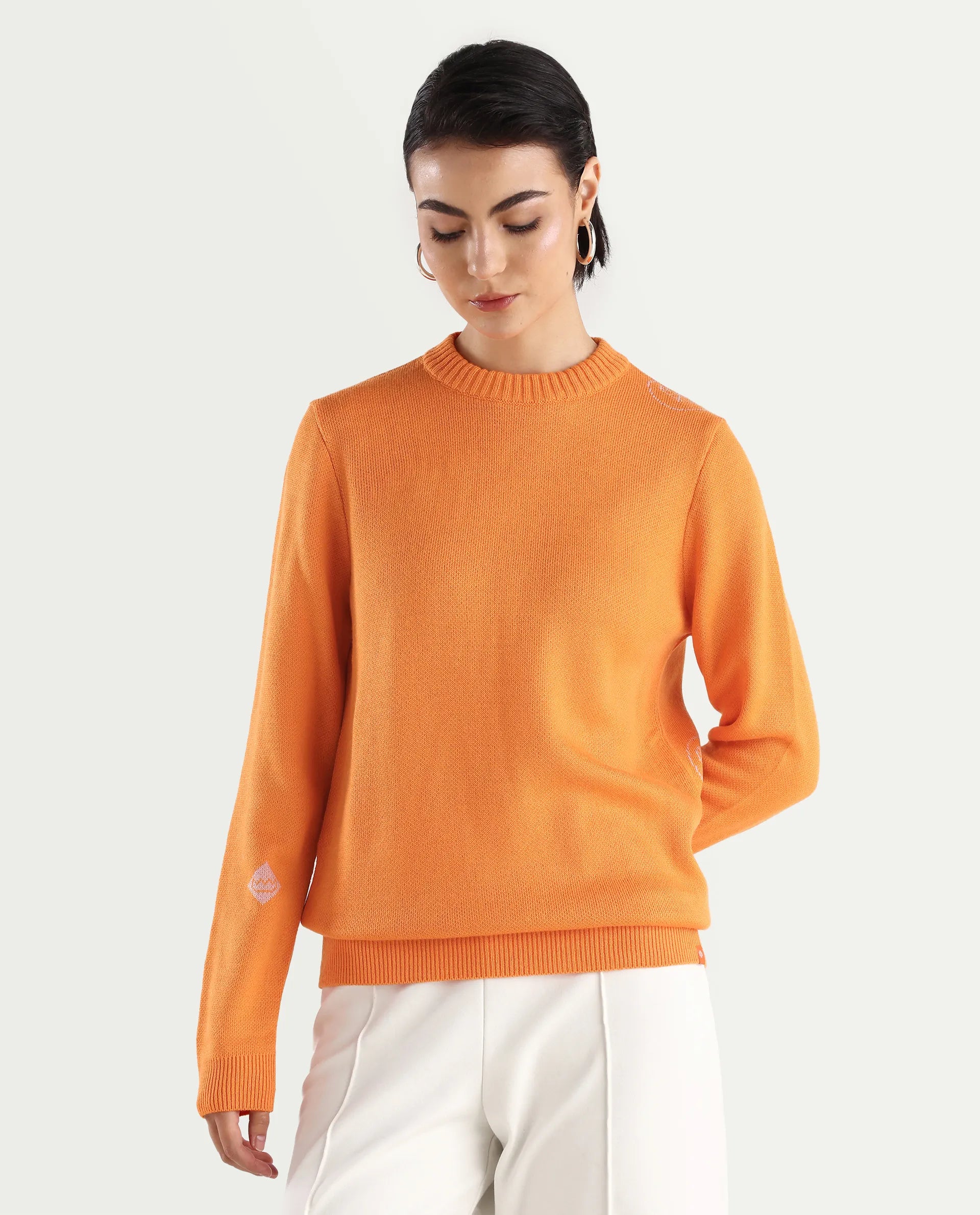 Rareism Women's Ruto Orange Acrylic Crew Neck Plain Relaxed Fit Sweater