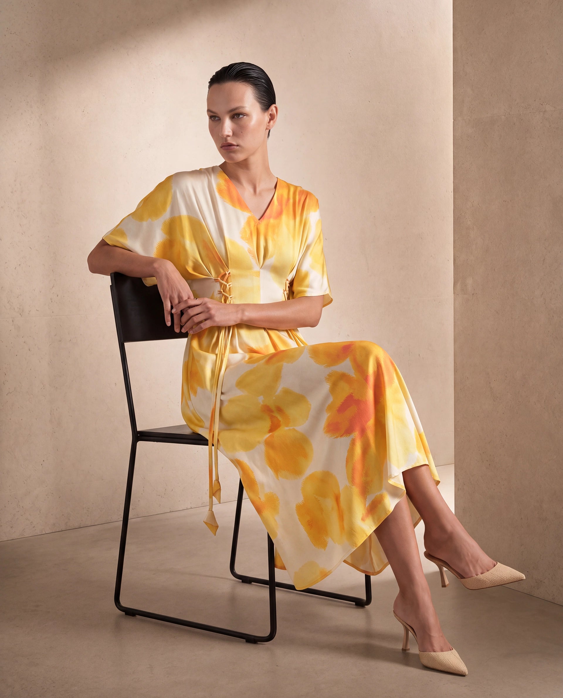Rareism Women's Ruves Yellow Cotton Satin V-Neck Fit And Flare Floral Print Dress