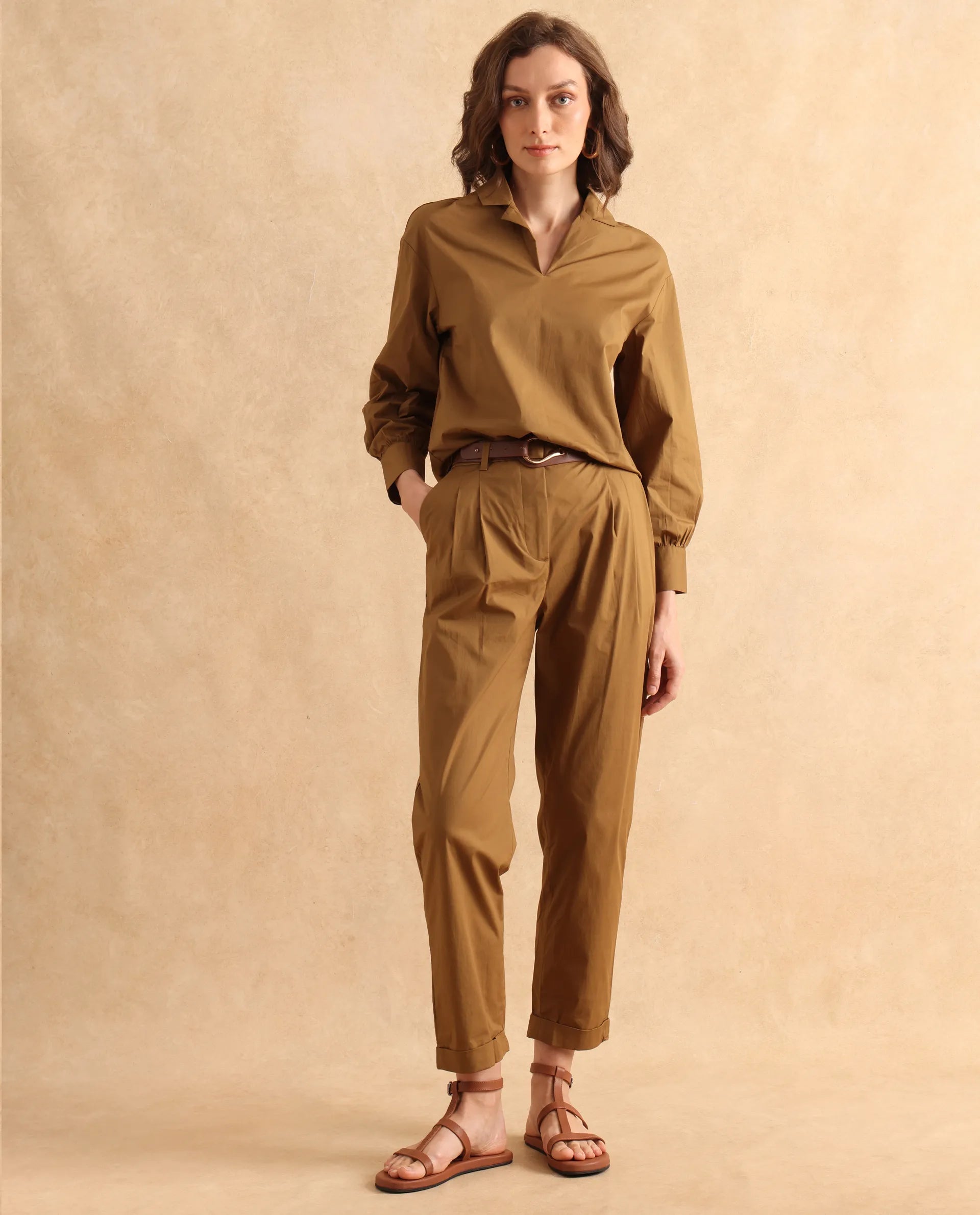 Rareism Women Ruvz Olive Cotton Blend Fabric Button Closure Straight Fit Ankle Length Plain Trouser