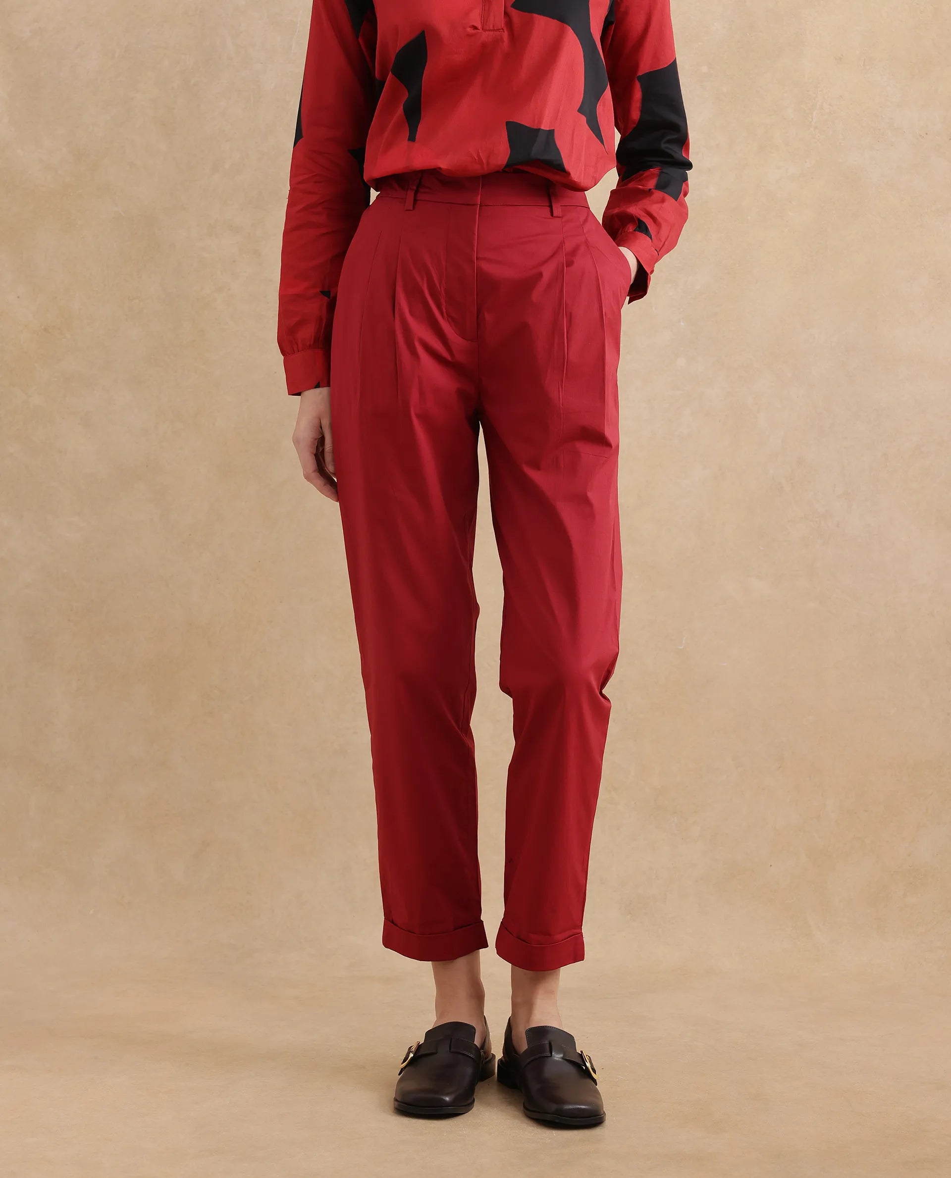 Rareism Women Ruvz Rust Cotton Blend Fabric Button Closure Straight Fit Ankle Length Plain Trouser