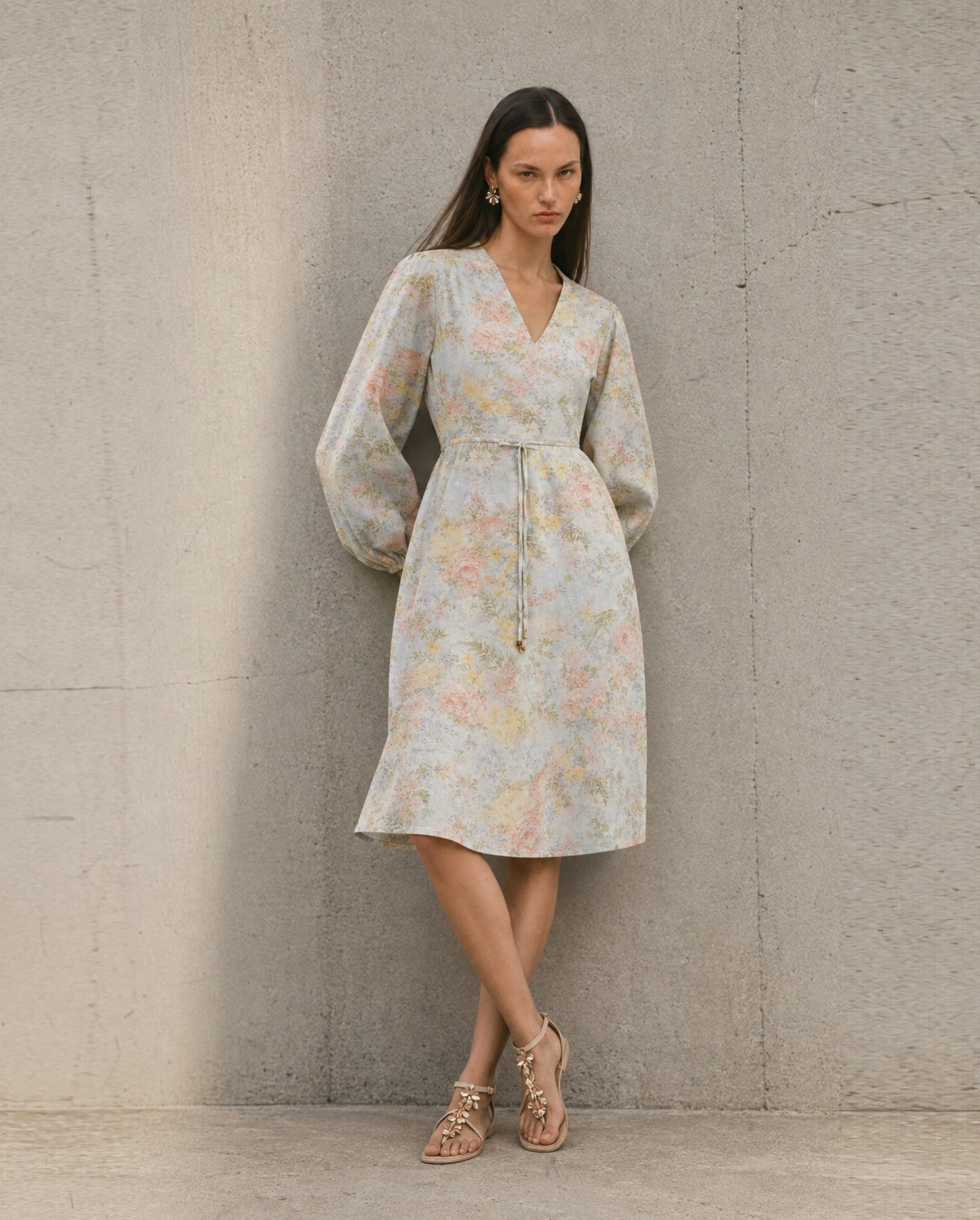 Rareism Women's Ruzim Pastel Blue Viscose Blend Fabric V-Neck Fit And Flare Floral Print Dress