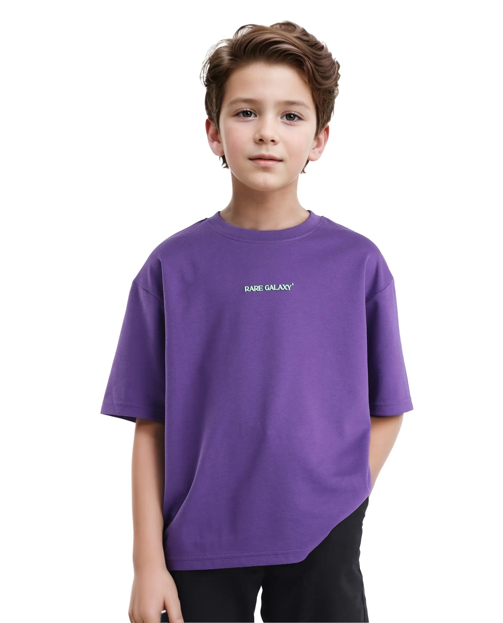 Rare Ones Kids Ryan Dark Purple Cotton Poly Short Sleeve Crew Neck Discharge With Hd Print Boxy T-Shirt