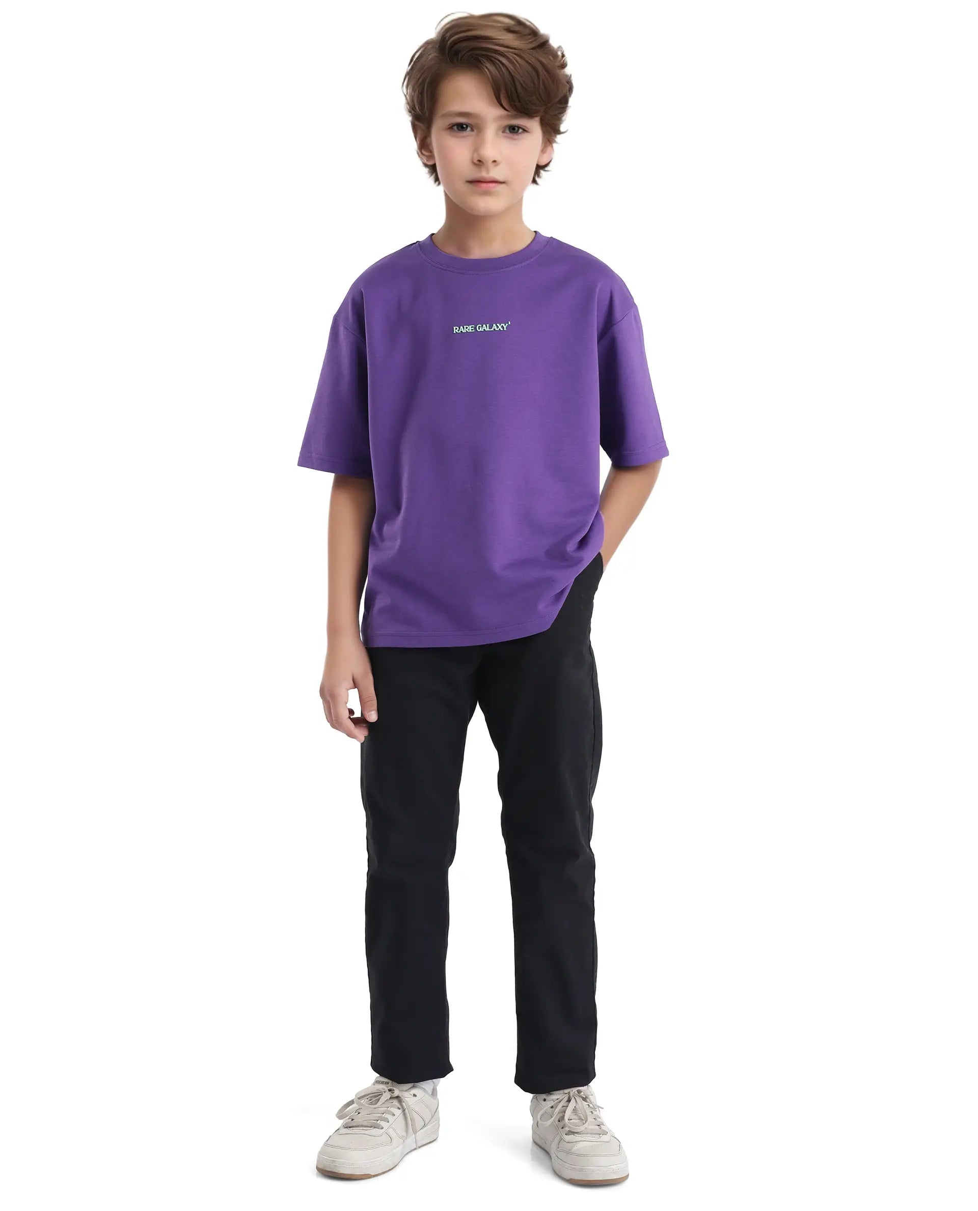Rare Ones Kids Ryan Dark Purple Cotton Poly Short Sleeve Crew Neck Discharge With Hd Print Boxy T-Shirt