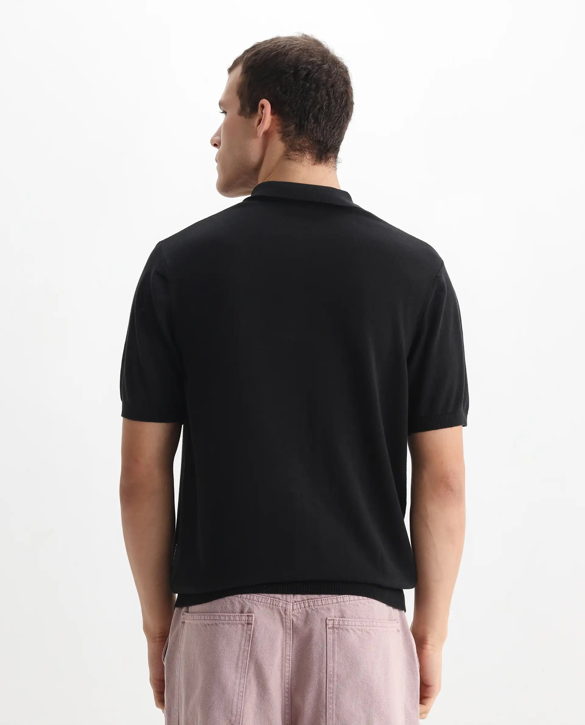 Rare Rabbit Men's Ryd Black Cotton Plain Regular Fit Half Sleeve Polo