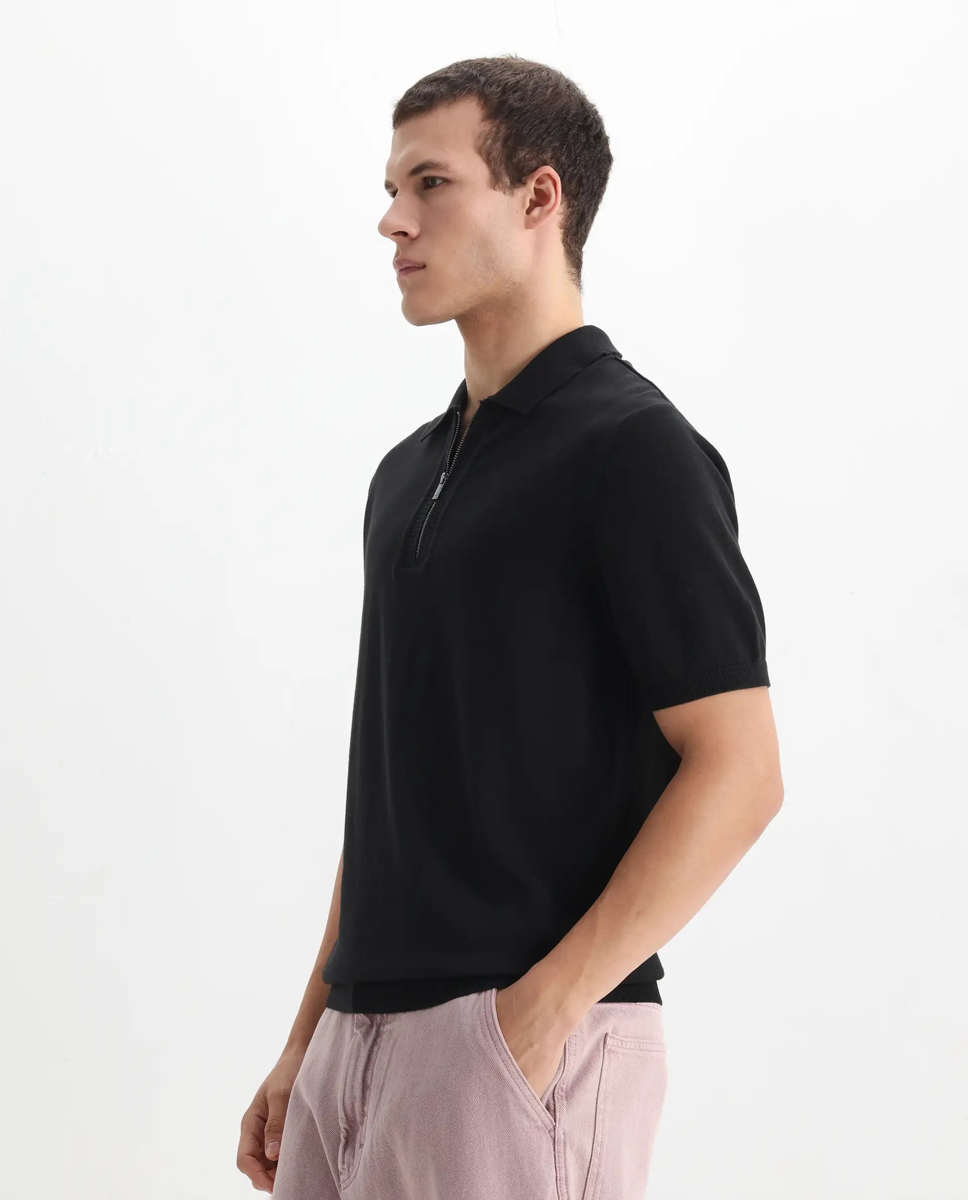 Rare Rabbit Men's Ryd Black Cotton Plain Regular Fit Half Sleeve Polo