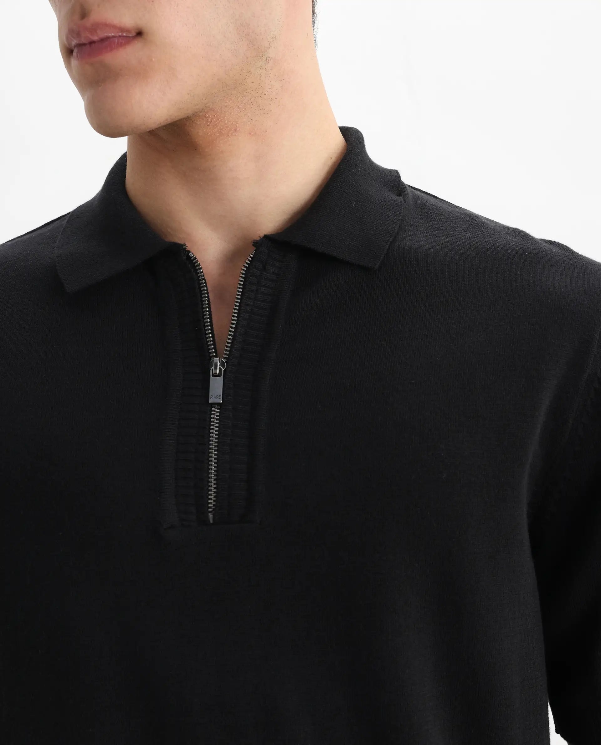 Rare Rabbit Men's Ryd Black Cotton Plain Regular Fit Half Sleeve Polo